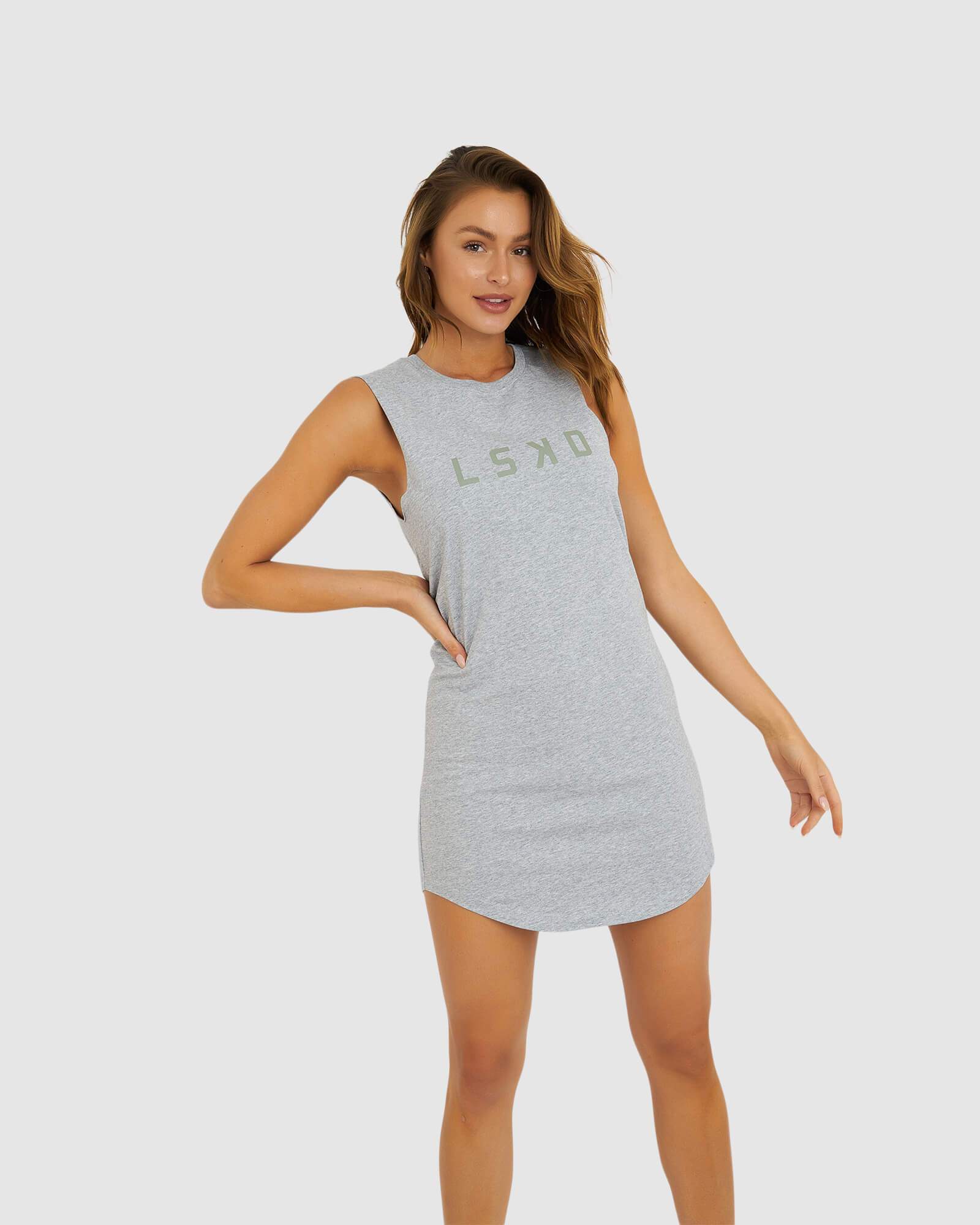 Model wearing Structure Dress - Lt Grey Marle-Dusty Olive