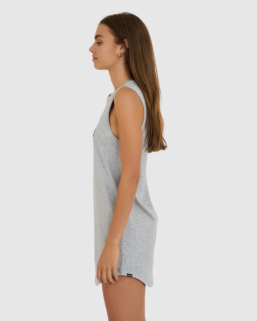 Model wearing Structure Dress - Lt Grey Marl-Navy