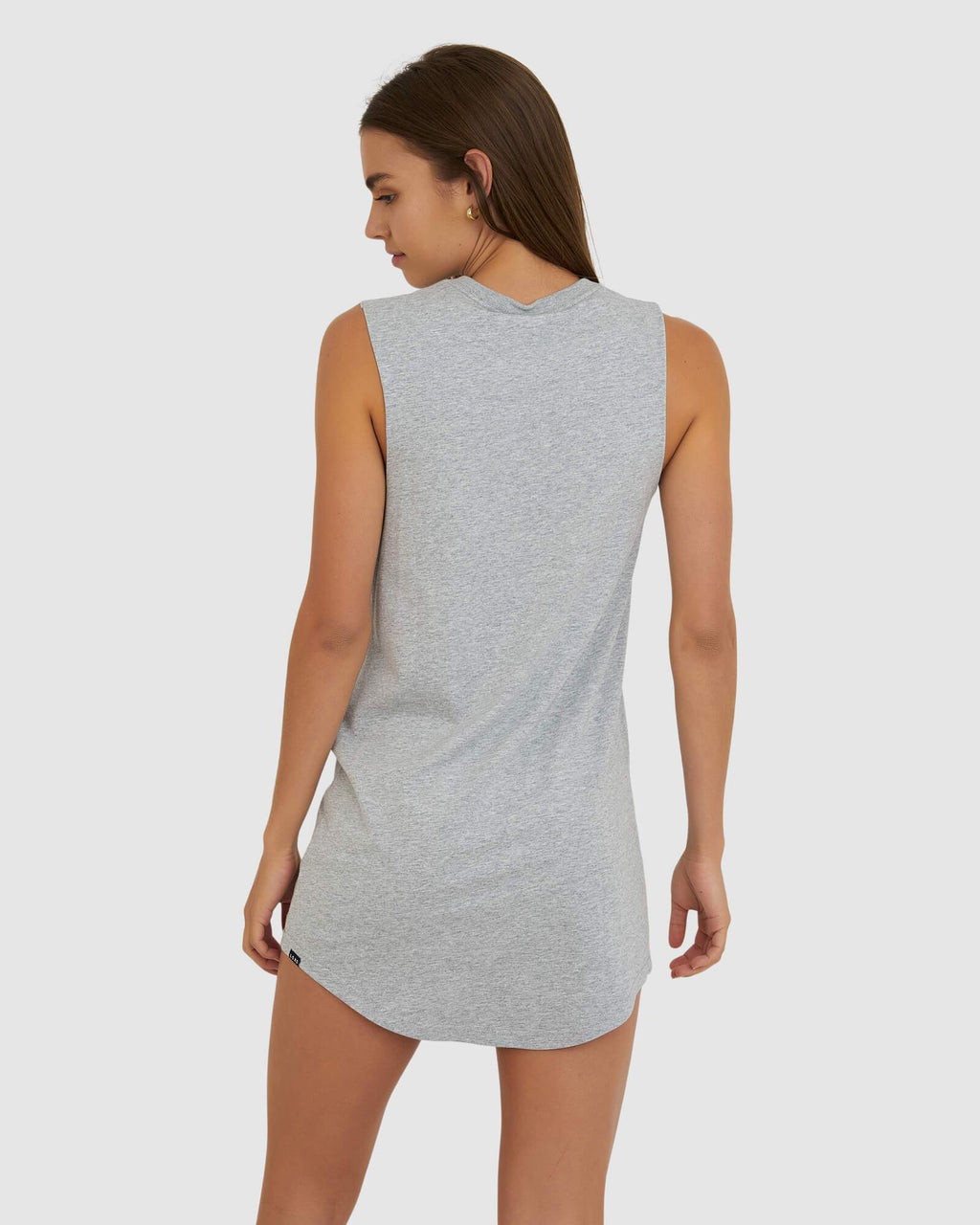 Model wearing Structure Dress - Lt Grey Marl-Navy