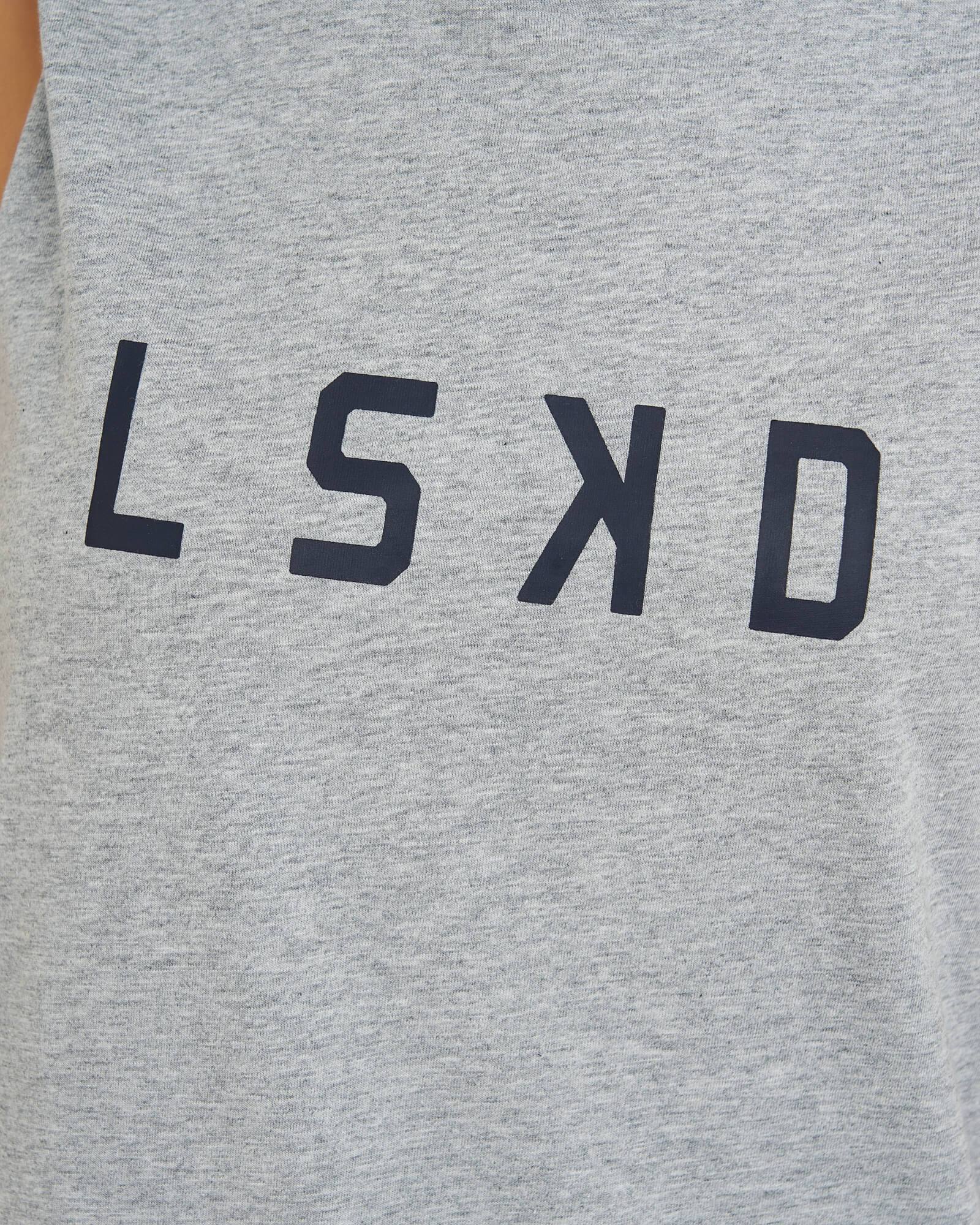 Model wearing Structure Dress - Lt Grey Marl-Navy