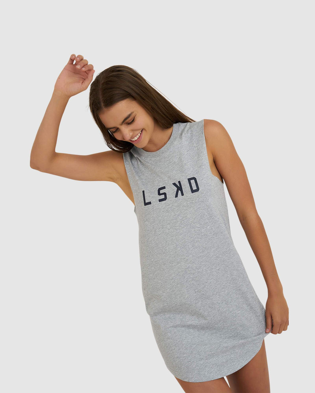 Model wearing Structure Dress - Lt Grey Marl-Navy