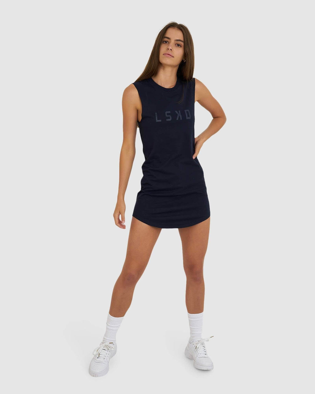 Model wearing Structure Dress - Navy