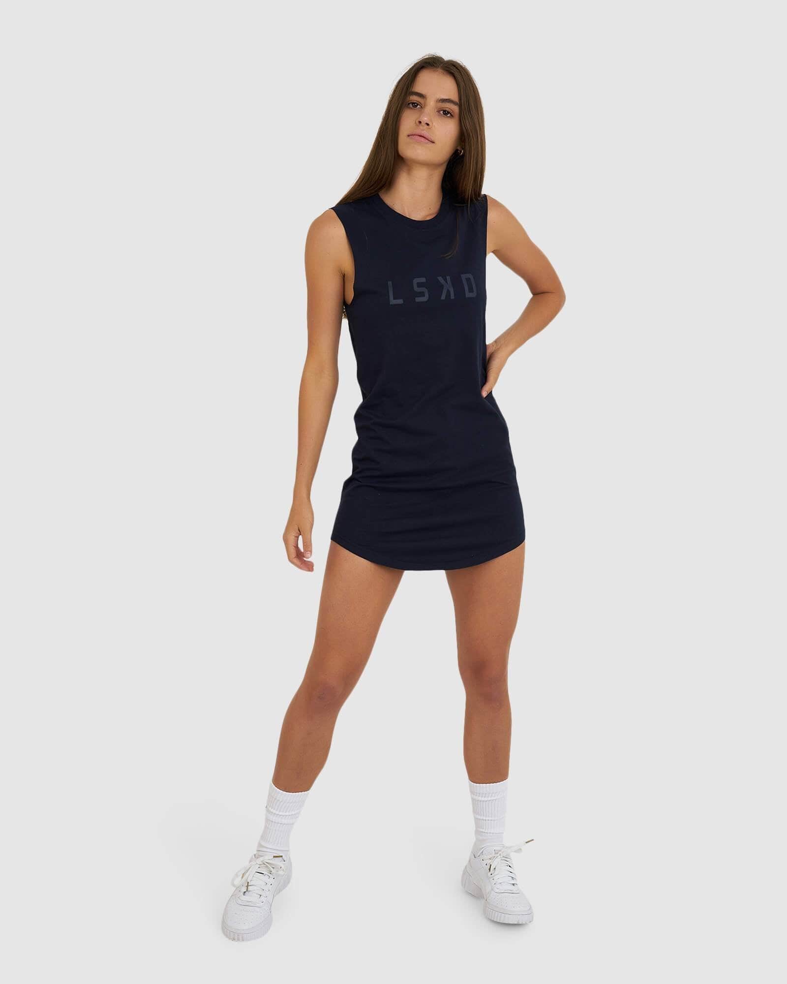 Model wearing Structure Dress - Navy