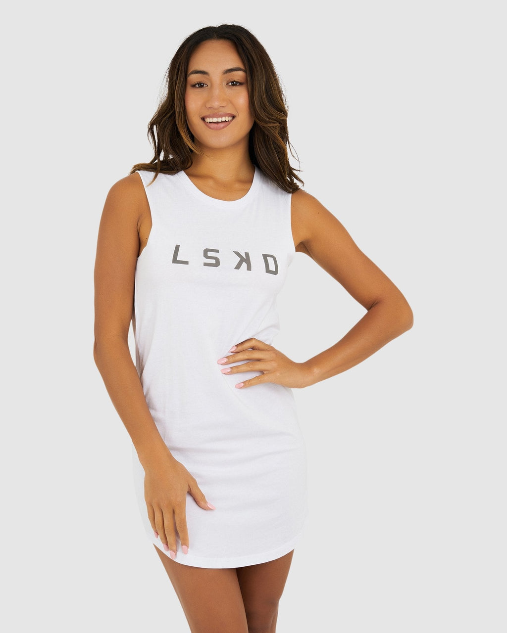 Model wearing Structure Dress - White- Shade