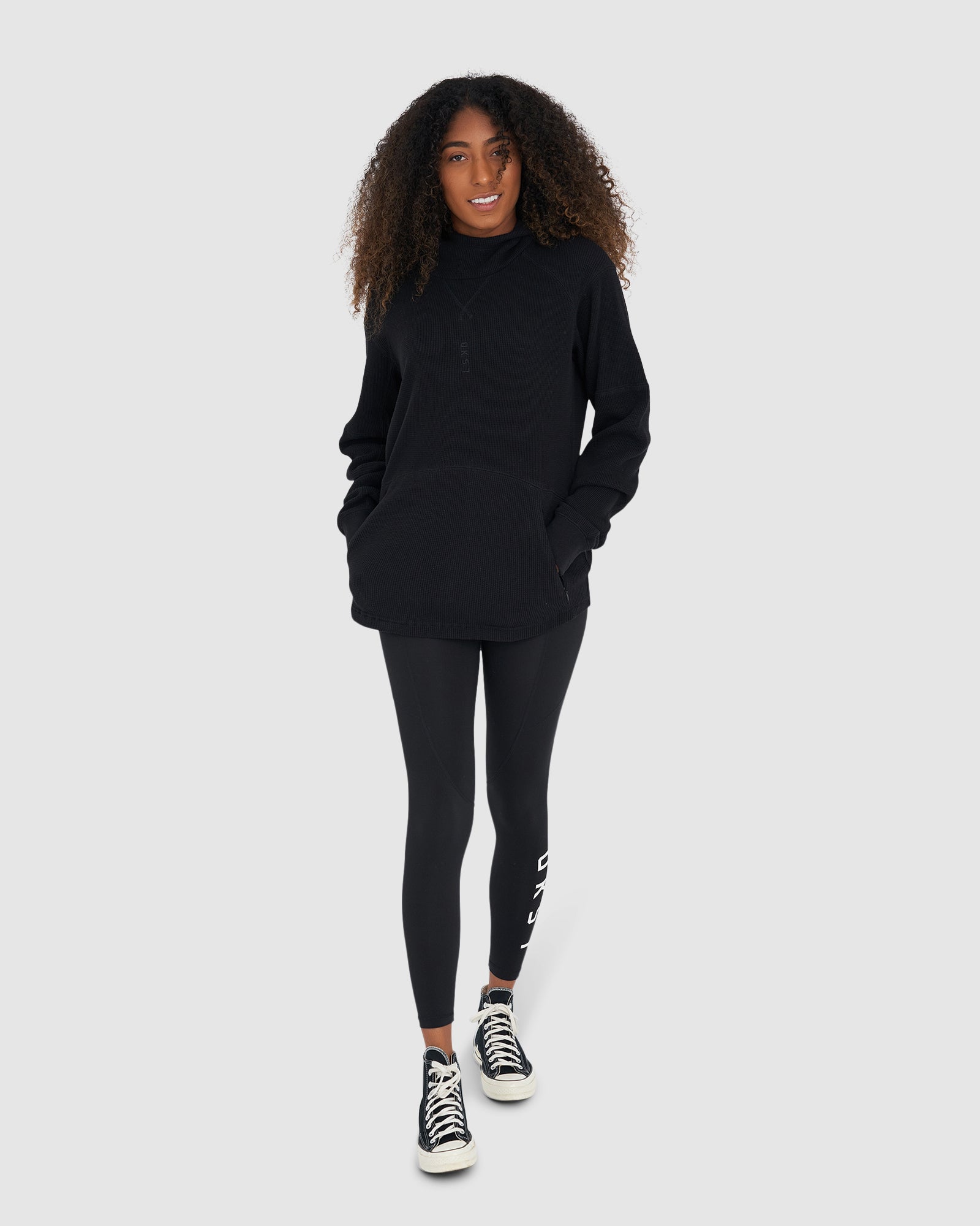 Model wearing Unisex 5am Waffle Hood - Black-Black