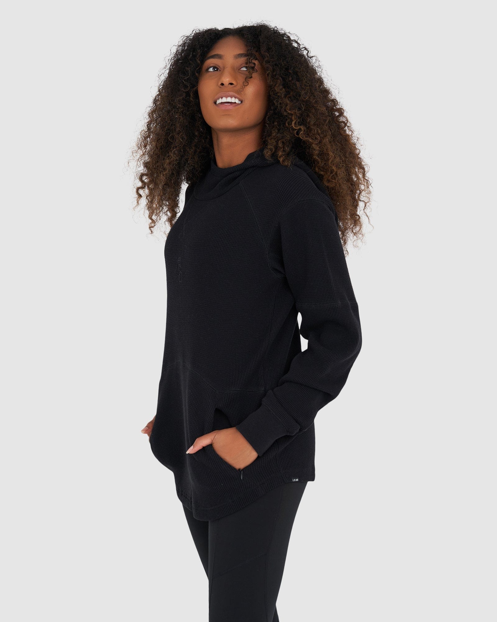 Model wearing Unisex 5am Waffle Hood - Black-Black
