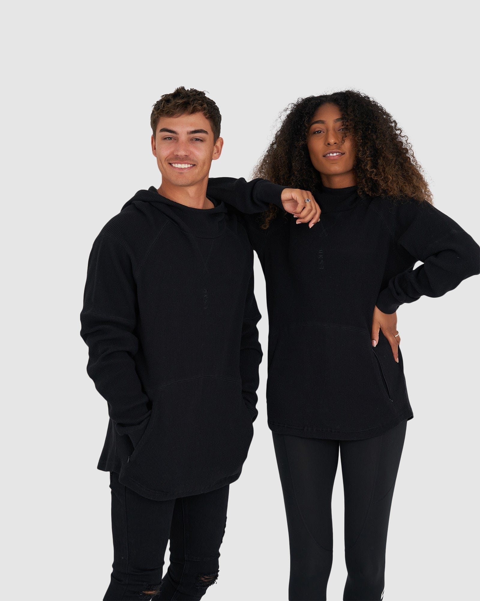 Model wearing Unisex 5am Waffle Hood - Black-Black