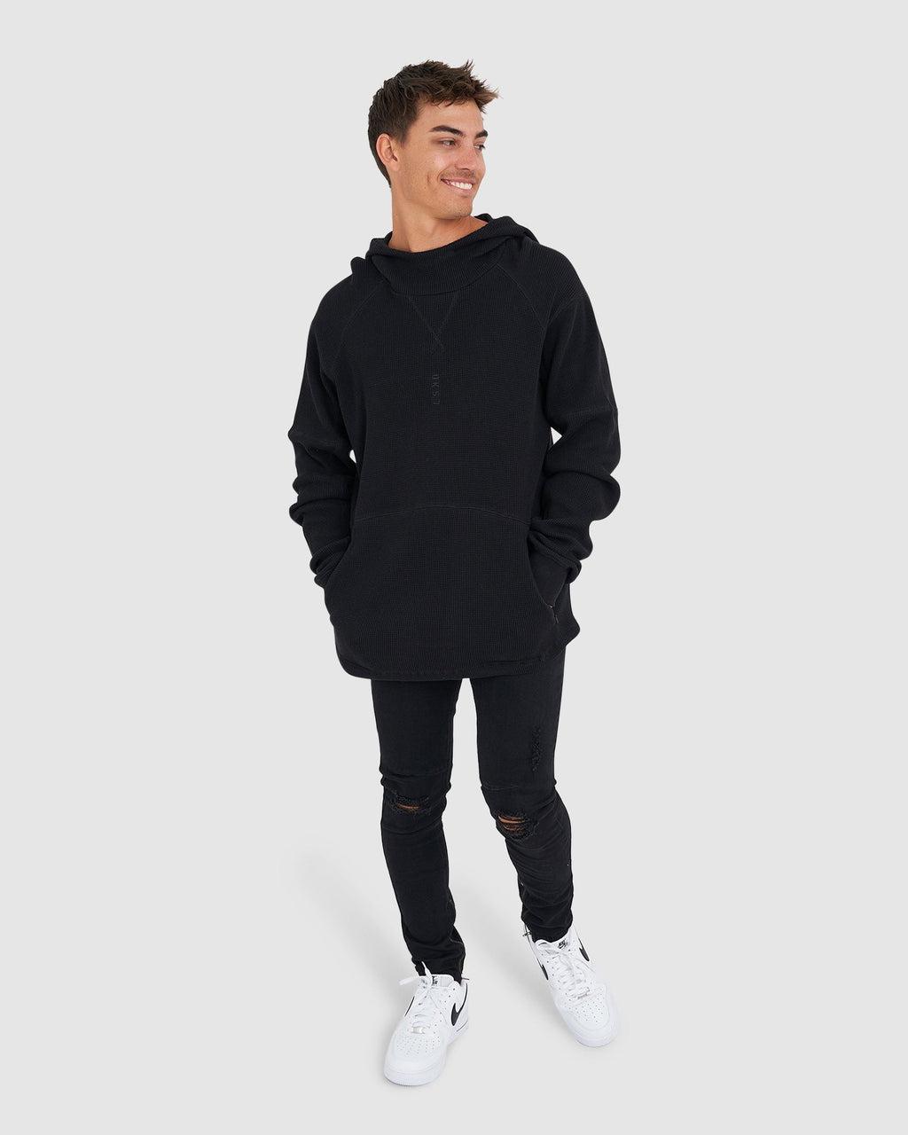 Model wearing 5am Waffle Hood - Black-Black