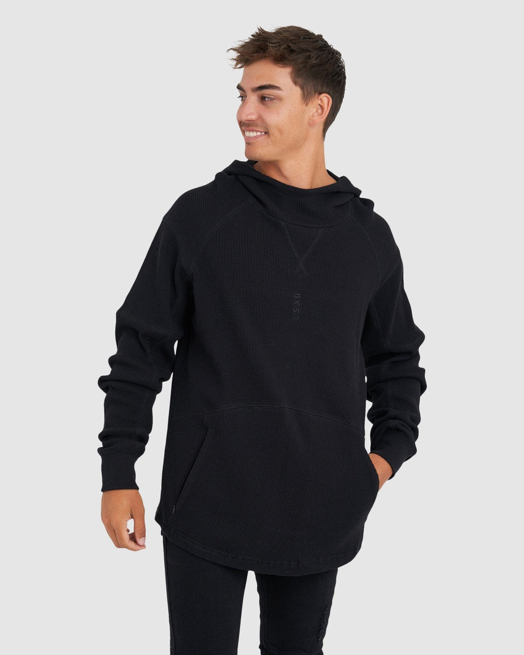 Model wearing 5am Waffle Hood - Black-Black