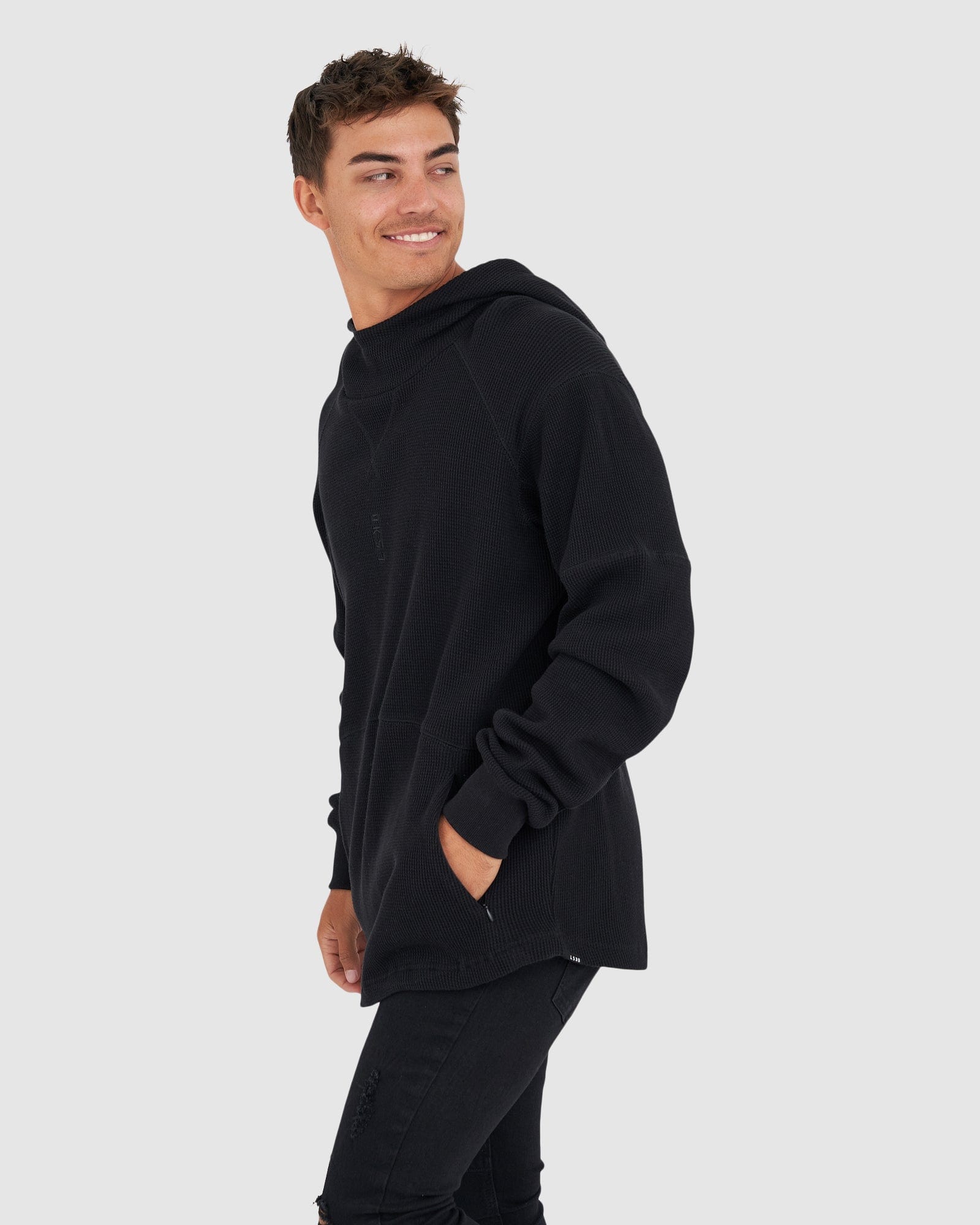 Model wearing 5am Waffle Hood - Black-Black