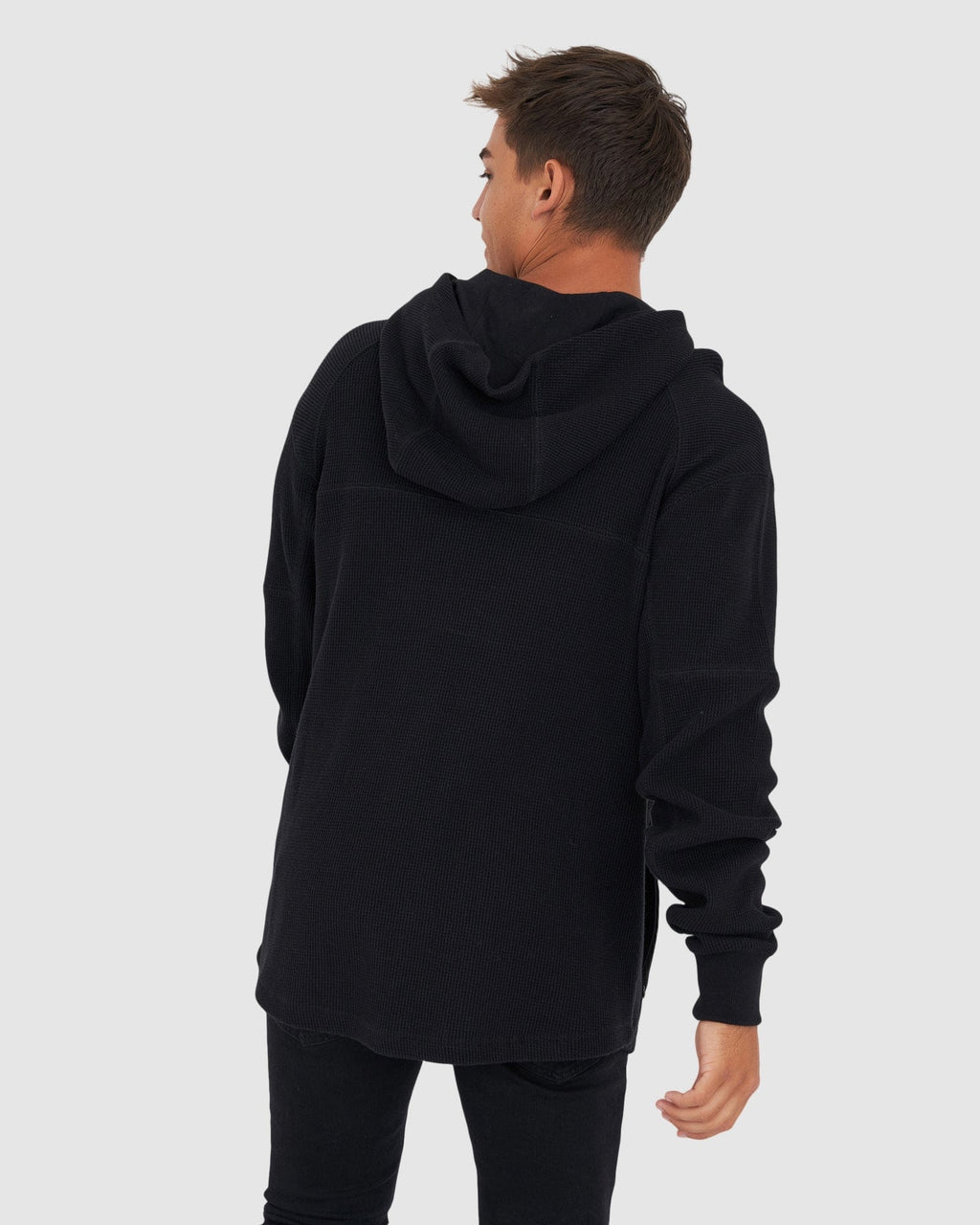 Model wearing 5am Waffle Hood - Black-Black