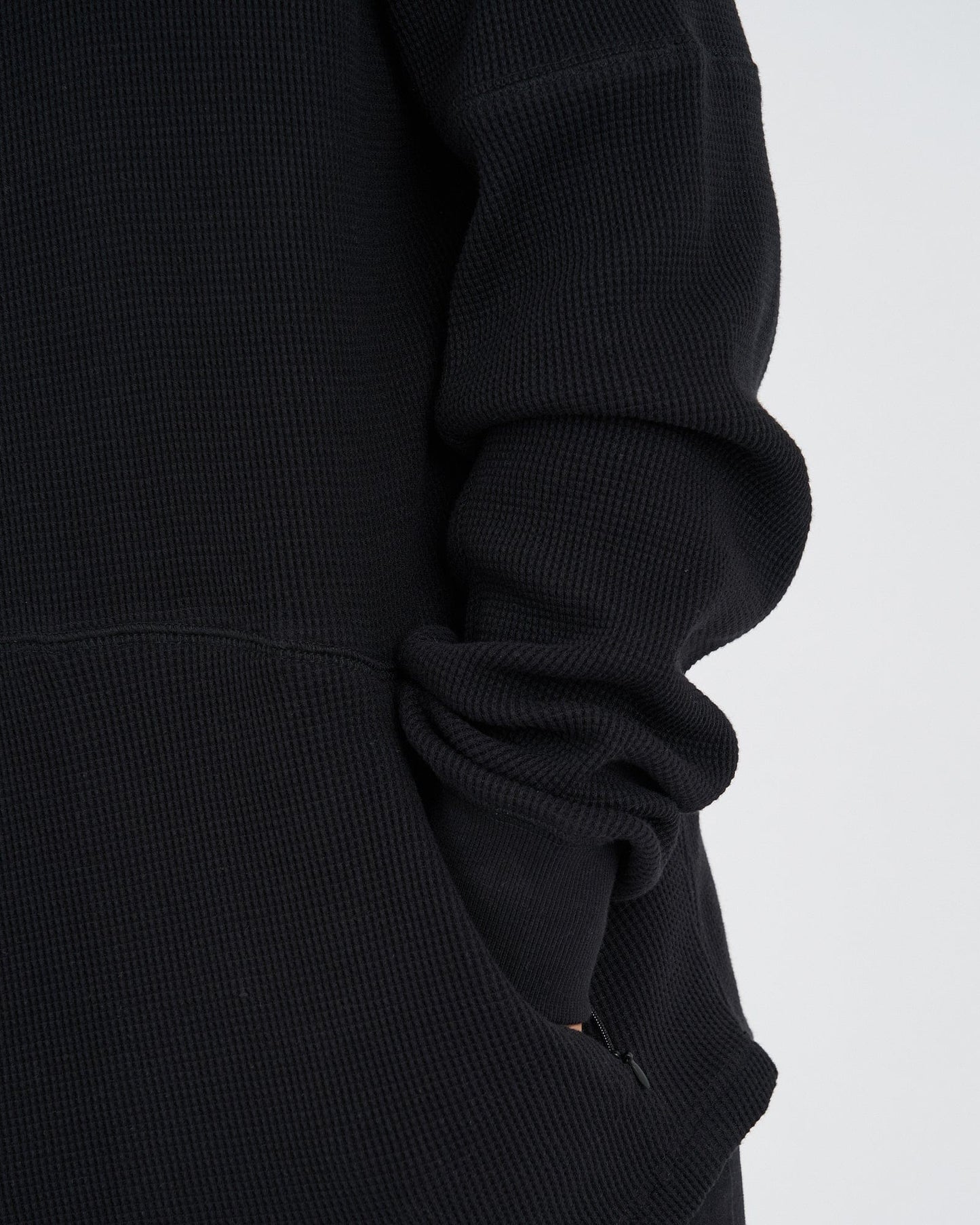 Model wearing Unisex 5am Waffle Hood - Black-Black