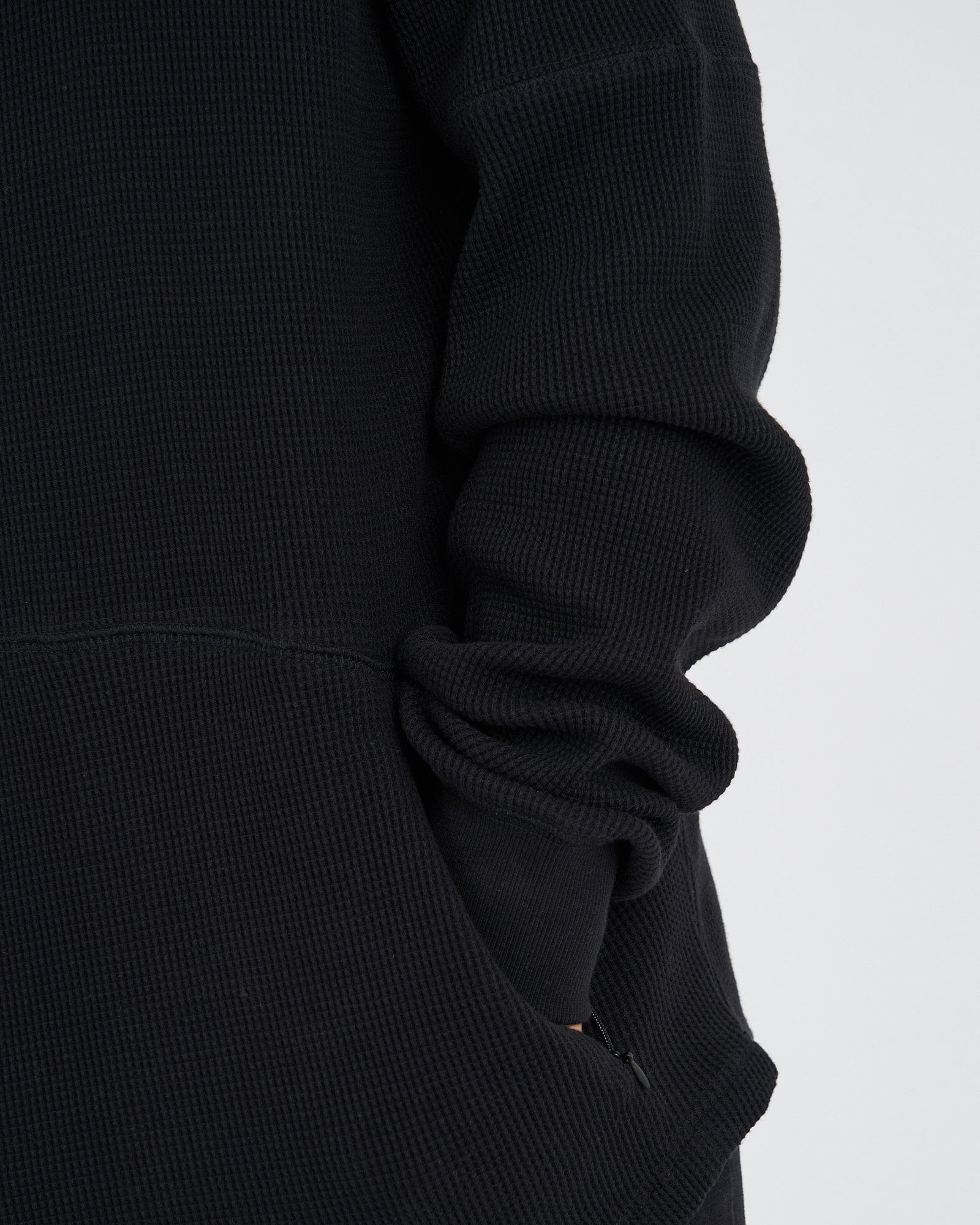 Model wearing Unisex 5am Waffle Hood - Black-Black