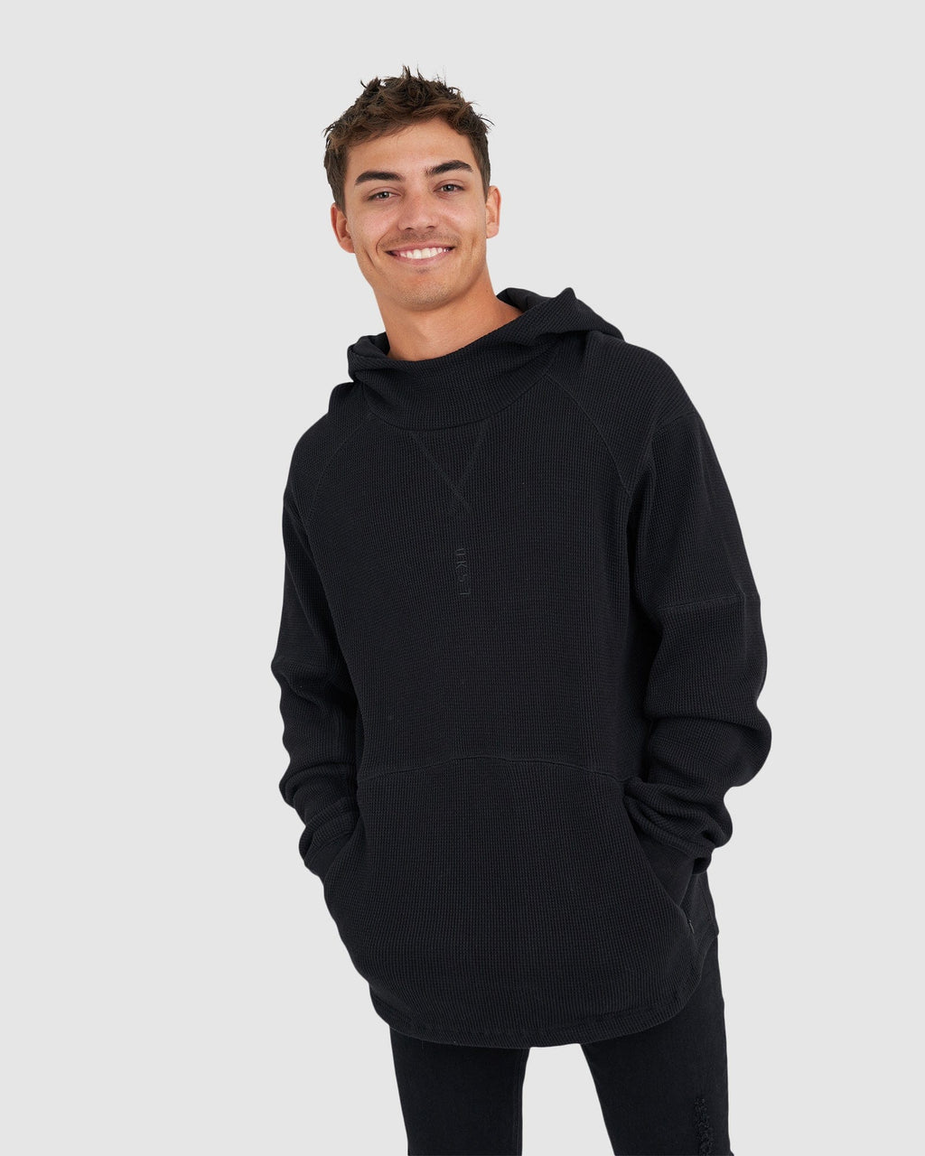 Model wearing 5am Waffle Hood - Black-Black