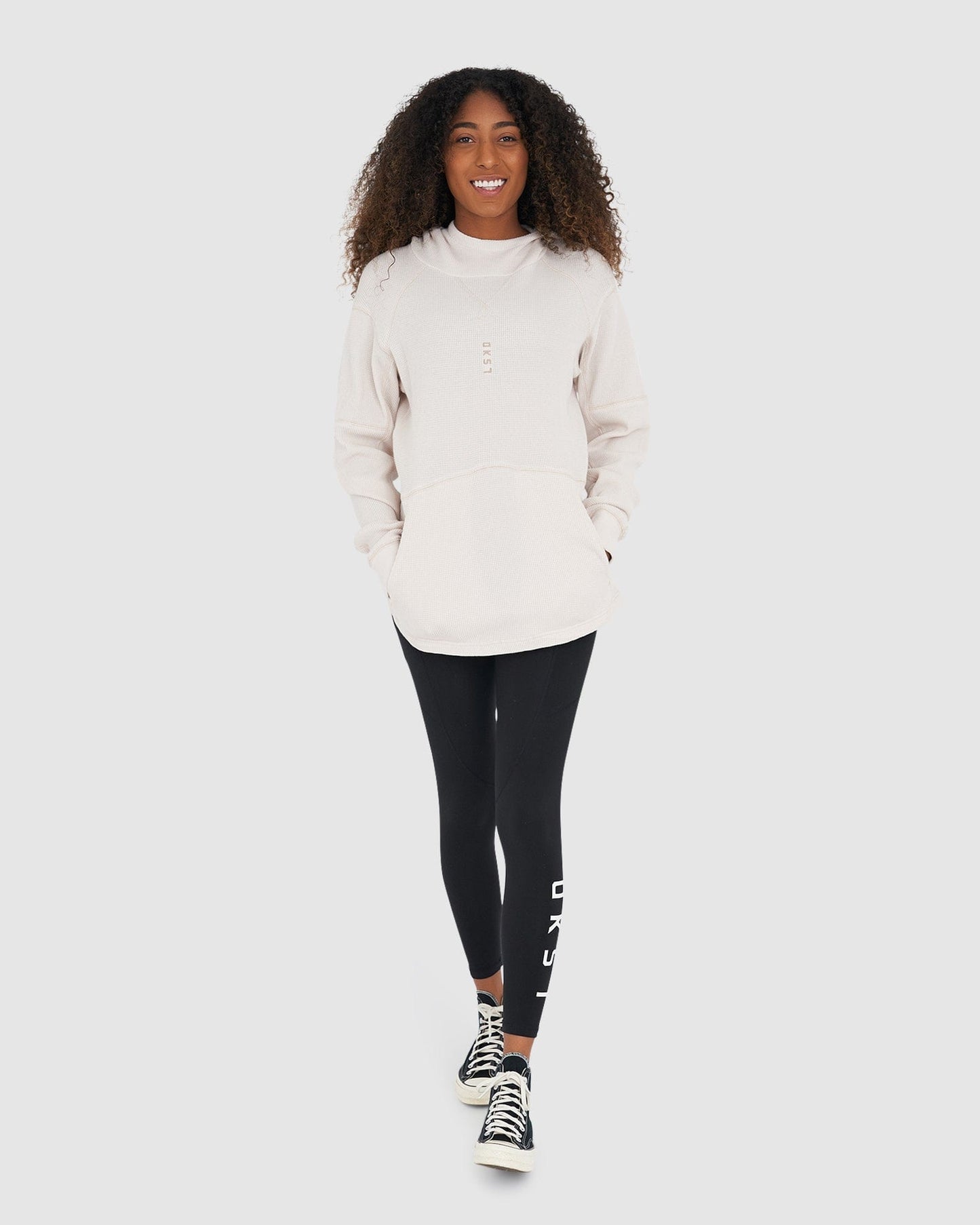 Model wearing Unisex 5am Waffle Hood - Clay