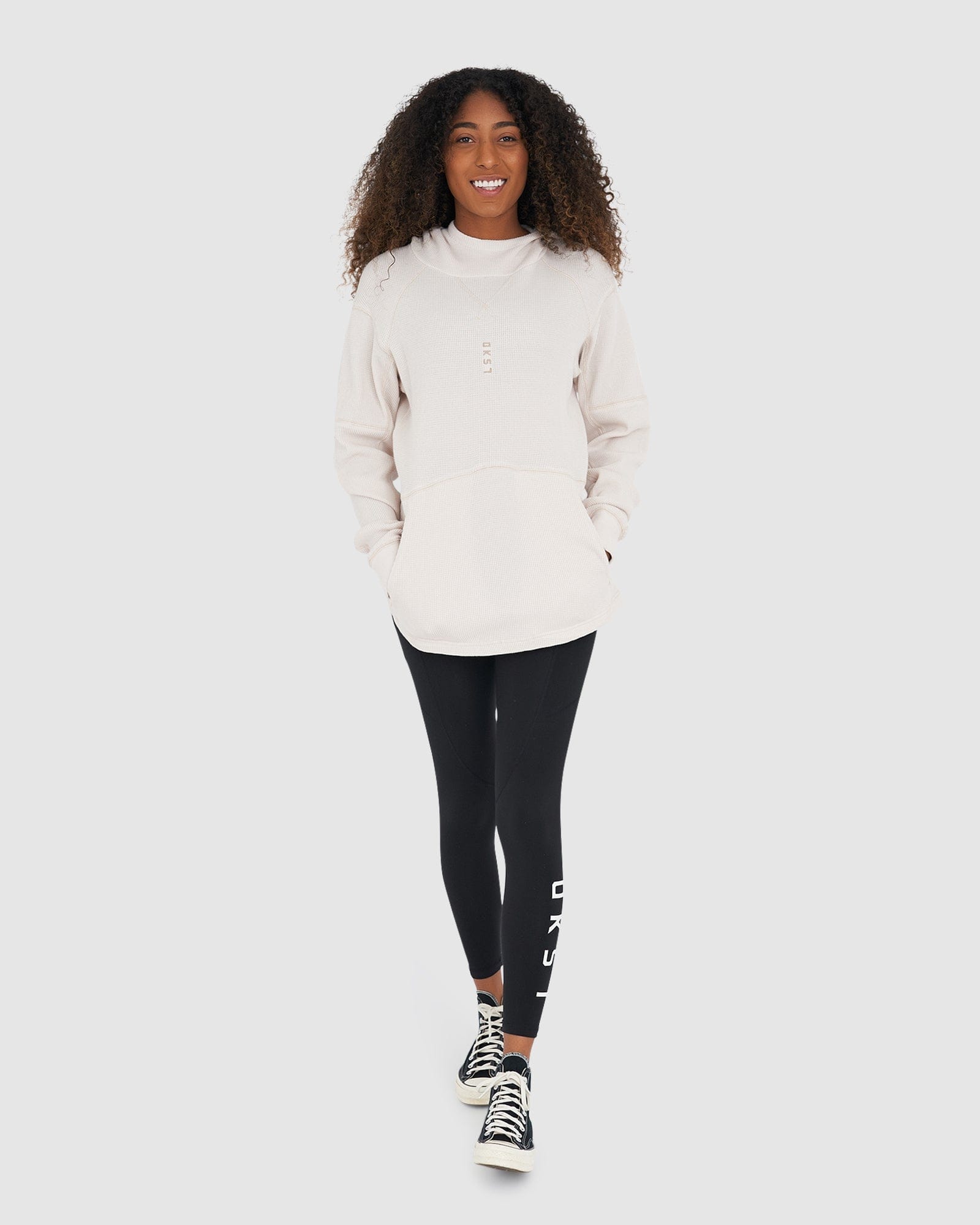 Model wearing Unisex 5am Waffle Hood - Clay