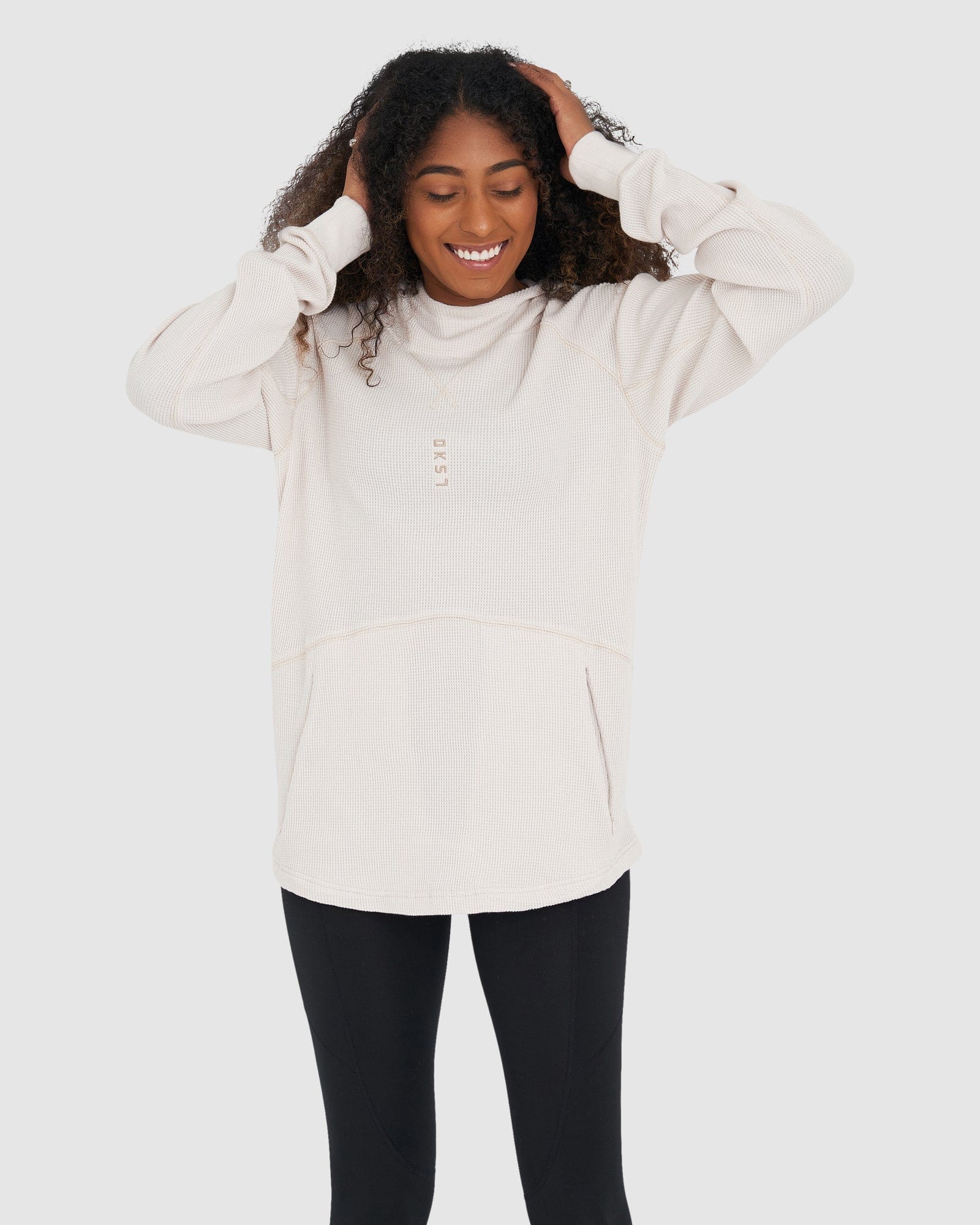 Model wearing Unisex 5am Waffle Hood - Clay