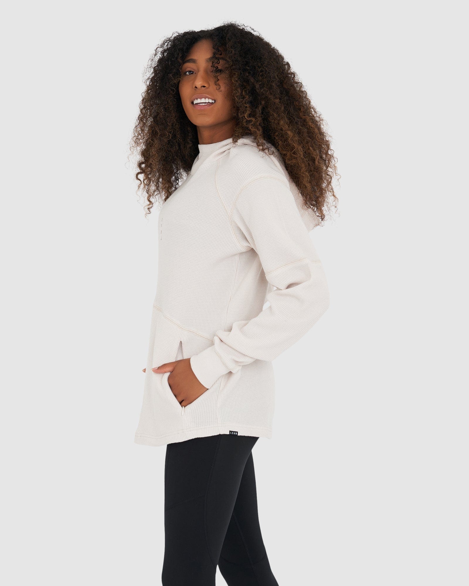 Model wearing Unisex 5am Waffle Hood - Clay