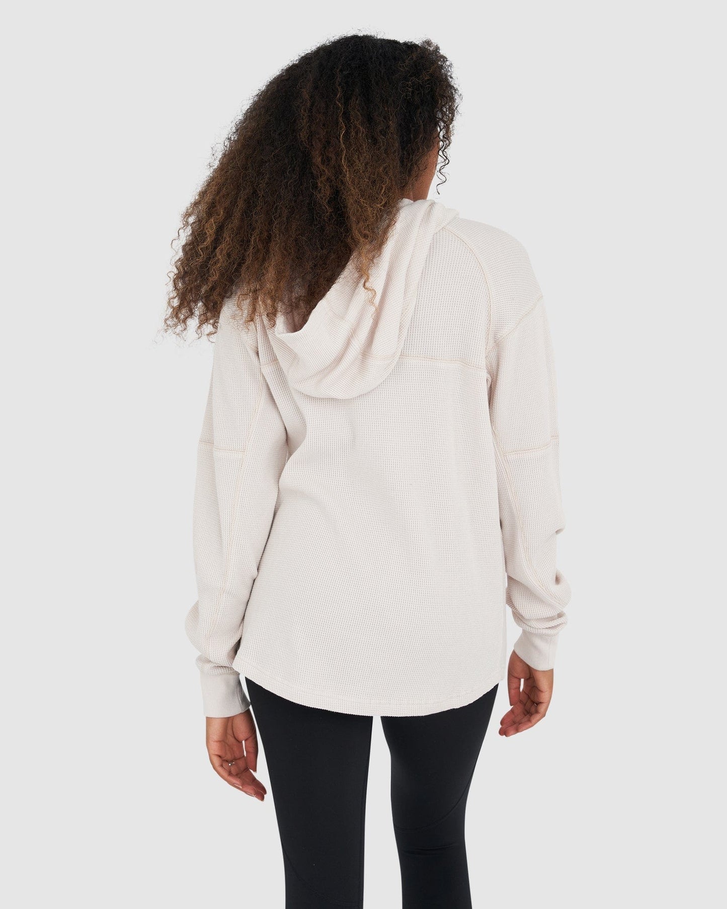 Model wearing Unisex 5am Waffle Hood - Clay