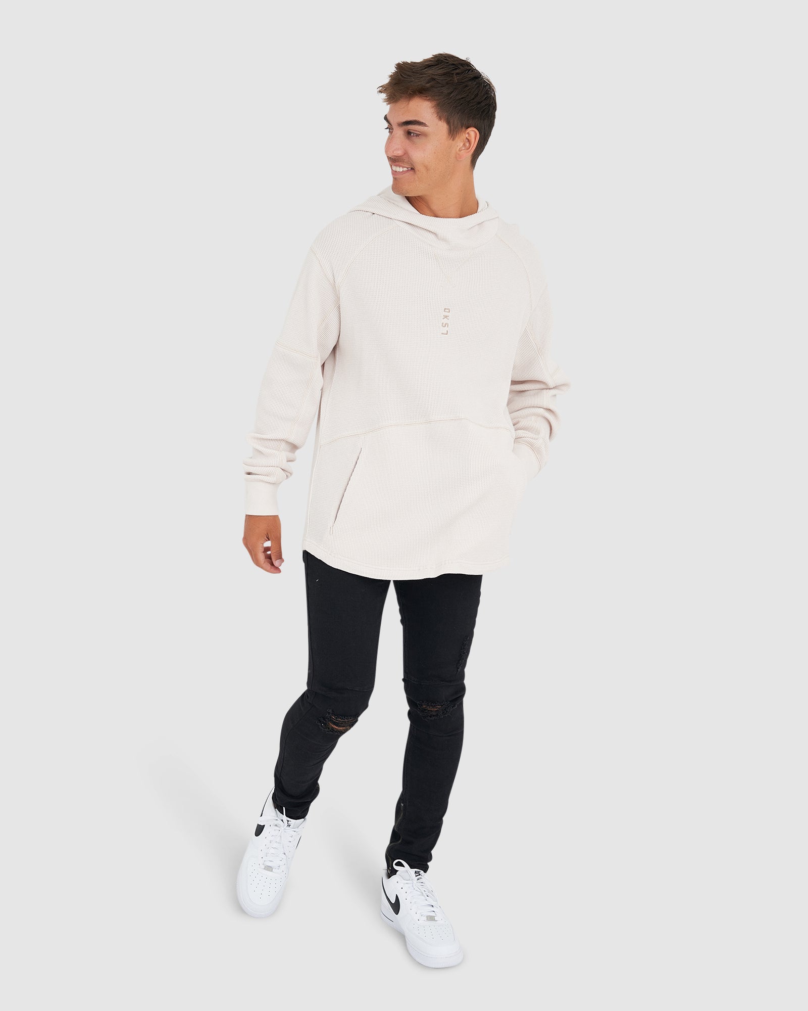 Model wearing 5am Waffle Hoodie - Clay