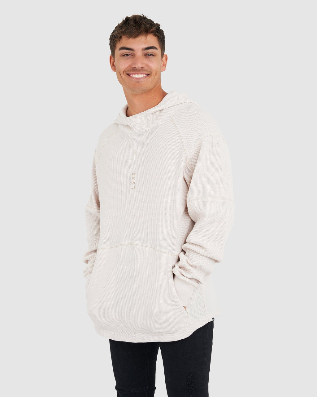 Model wearing 5am Waffle Hoodie - Clay