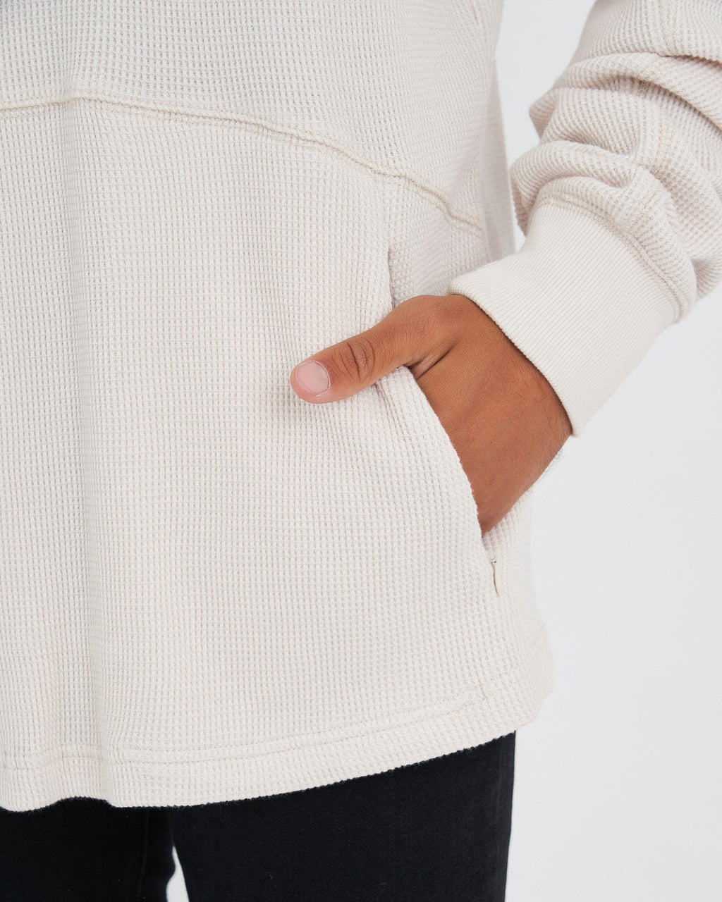 Model wearing 5am Waffle Hoodie - Clay