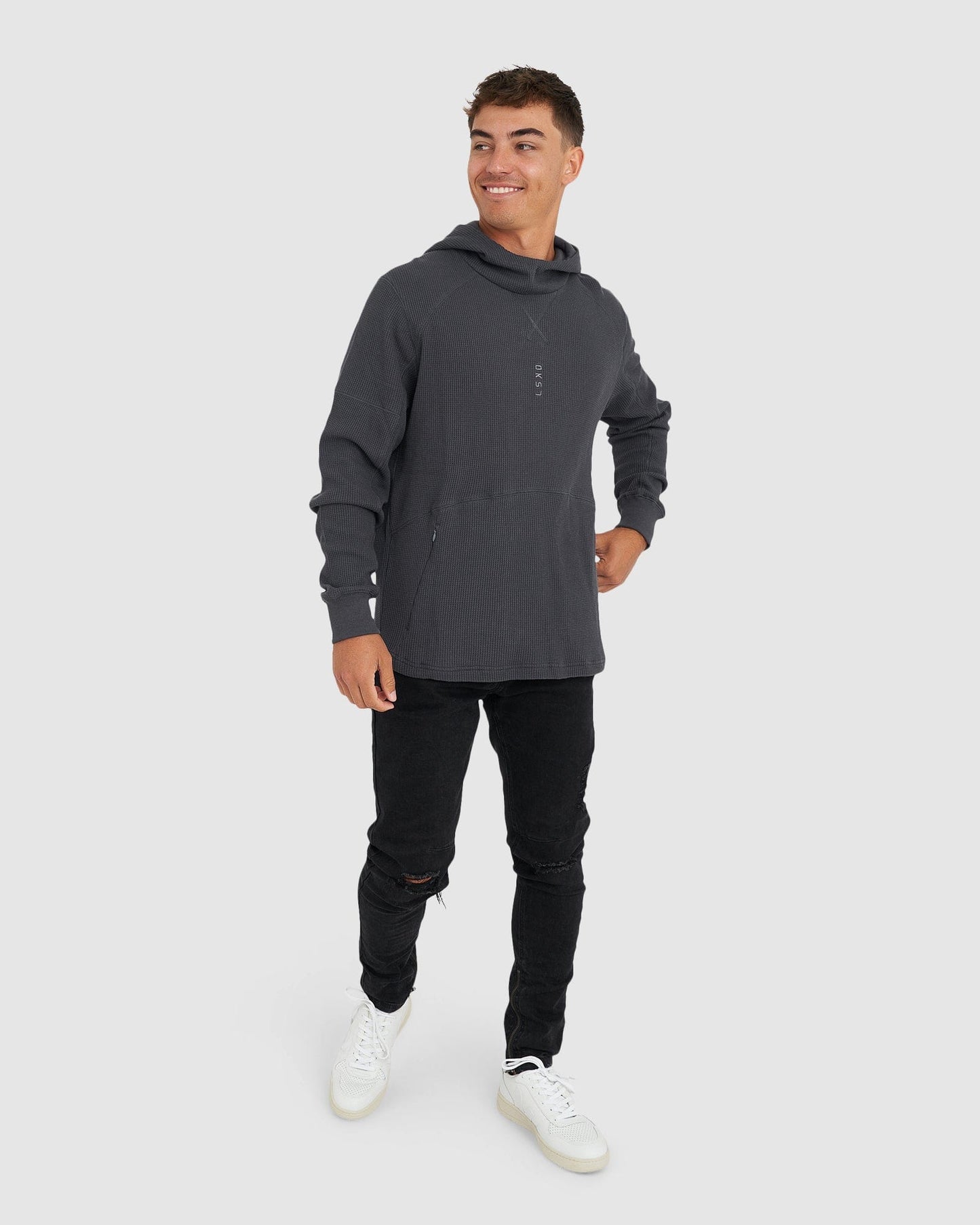 Model wearing 5am Waffle Hood - Turbulence