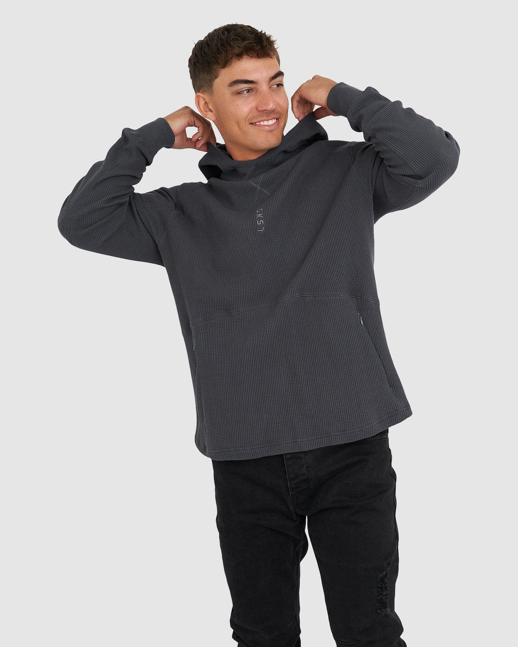 Model wearing 5am Waffle Hood - Turbulence