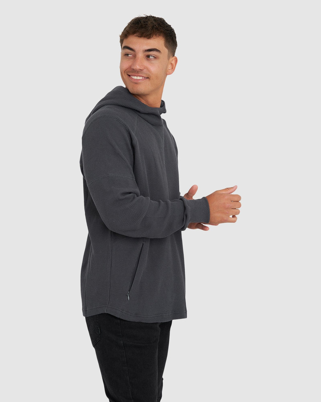 Model wearing 5am Waffle Hood - Turbulence