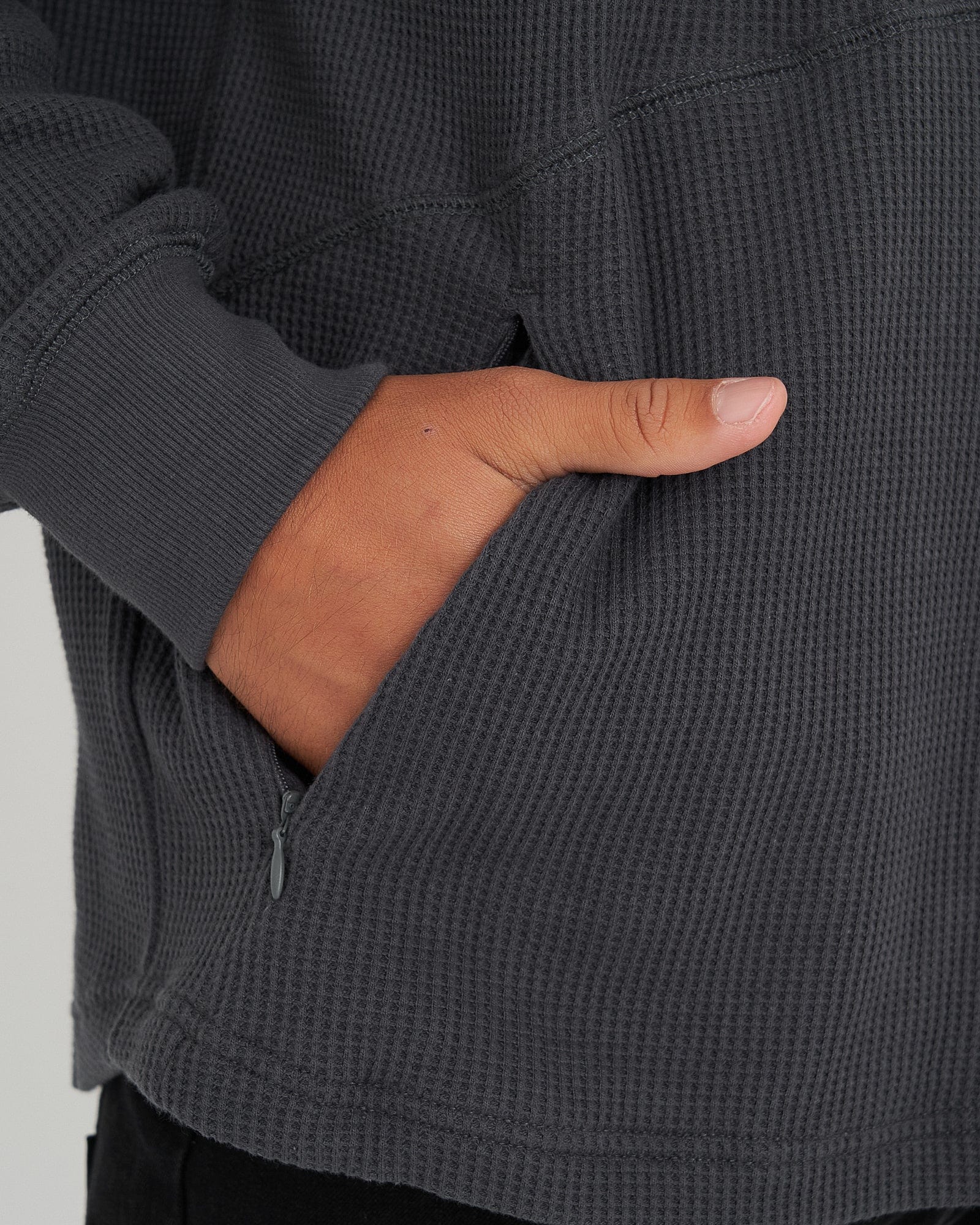 Model wearing 5am Waffle Hood - Turbulence