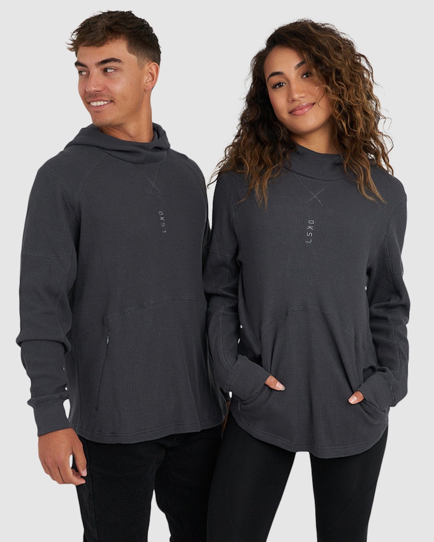 Model wearing Unisex 5am Waffle Hood - Turbulence