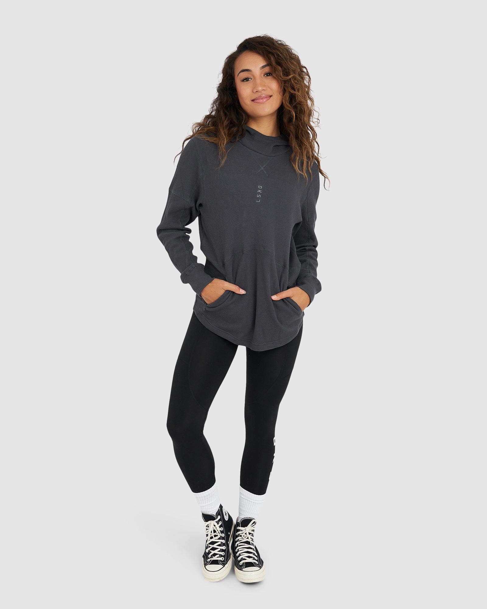 Model wearing Unisex 5am Waffle Hood - Turbulence