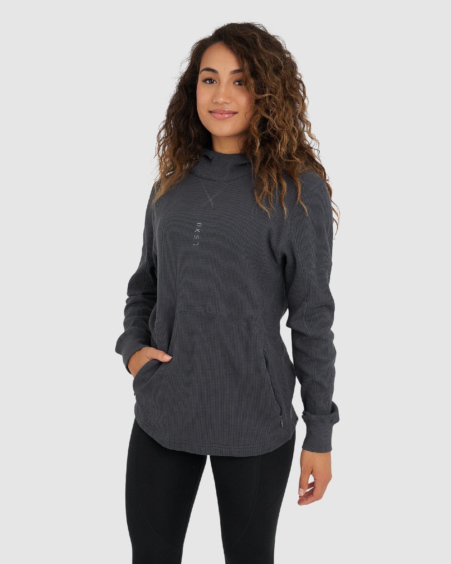 Model wearing Unisex 5am Waffle Hood - Turbulence