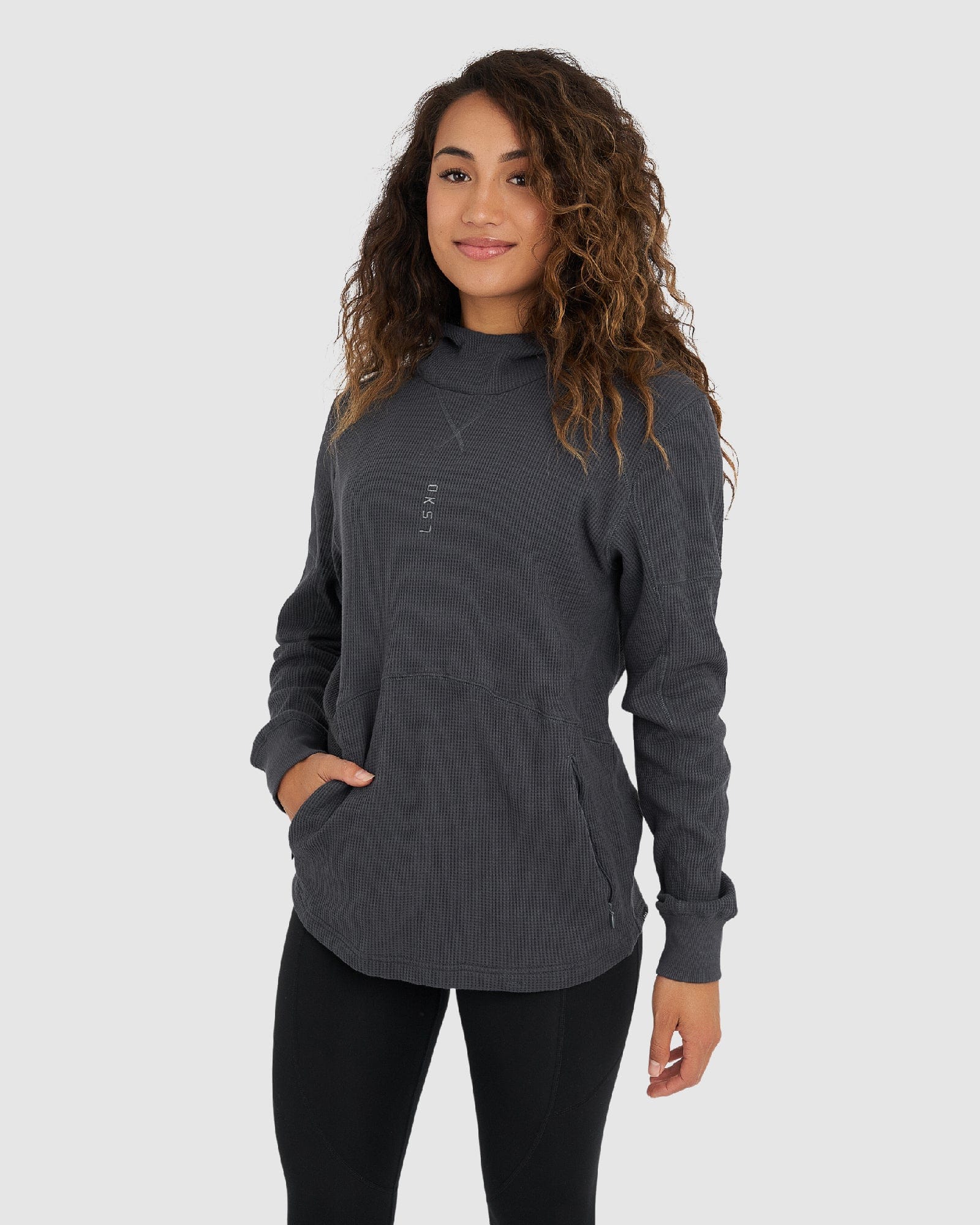 Model wearing Unisex 5am Waffle Hood - Turbulence