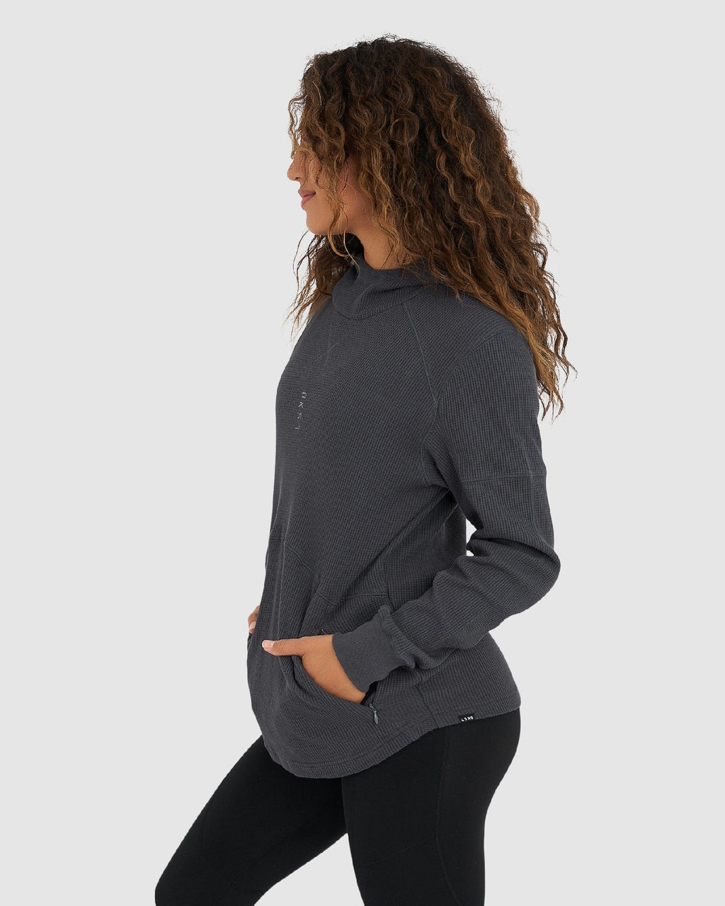 Model wearing Unisex 5am Waffle Hood - Turbulence