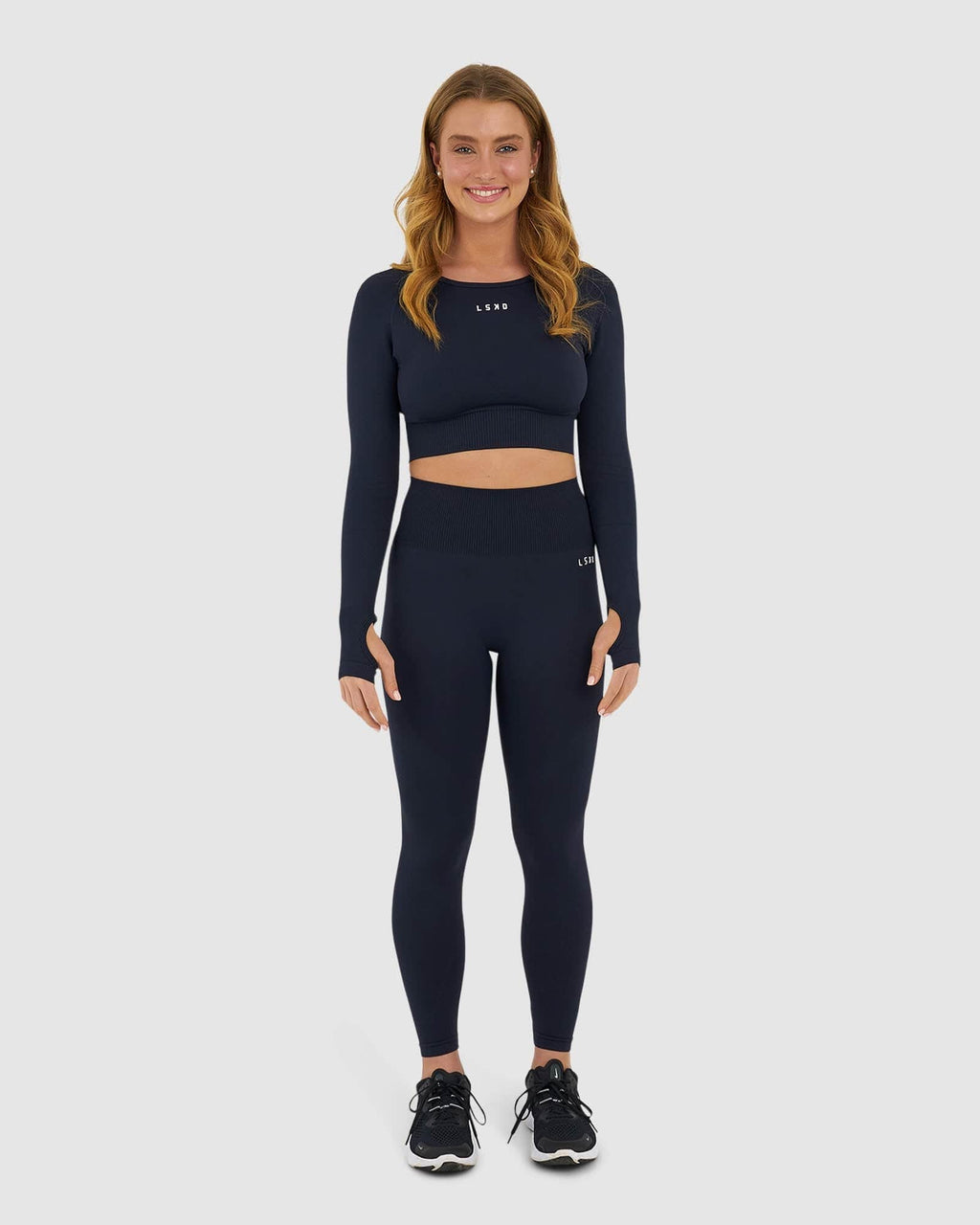 Model wearing Seamless LS Top - Navy