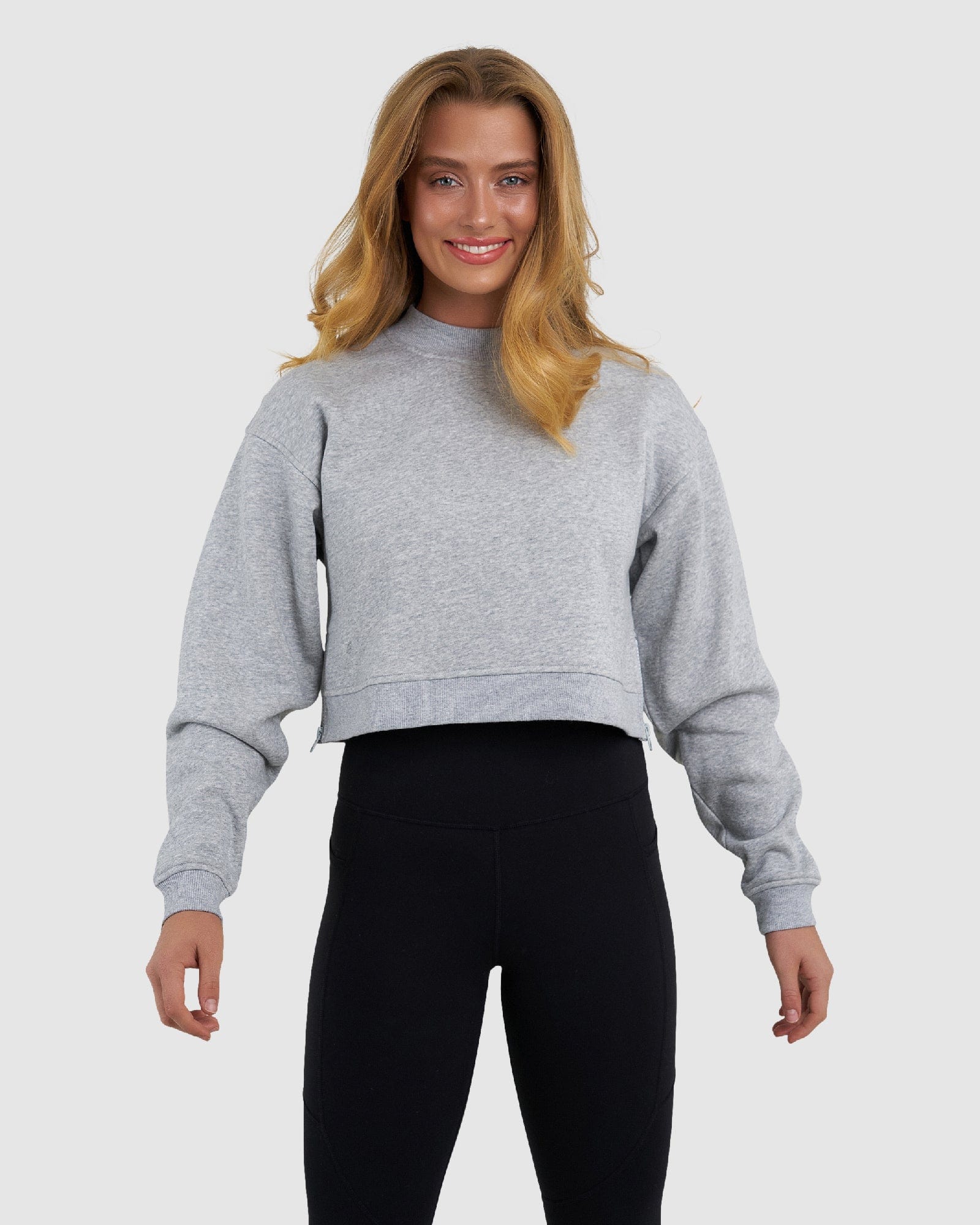 Model wearing Jamie Sweater - Lt Grey Marl