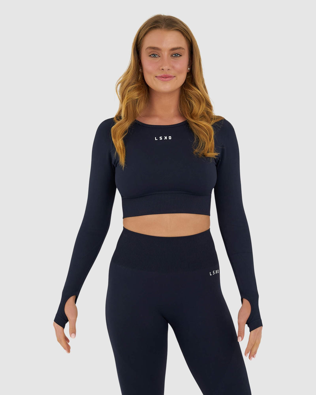 Model wearing Seamless LS Top - Navy