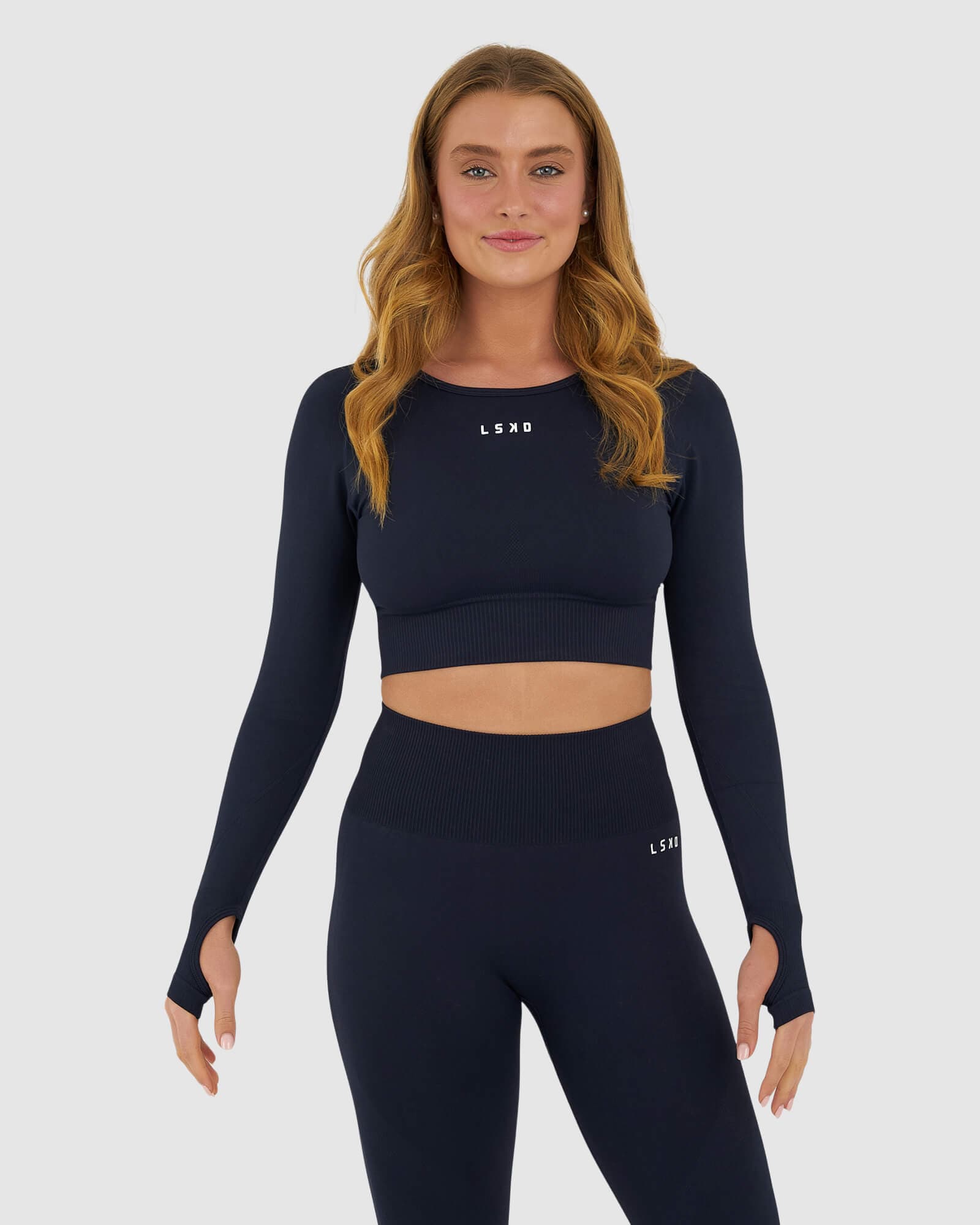 Model wearing Seamless LS Top - Navy