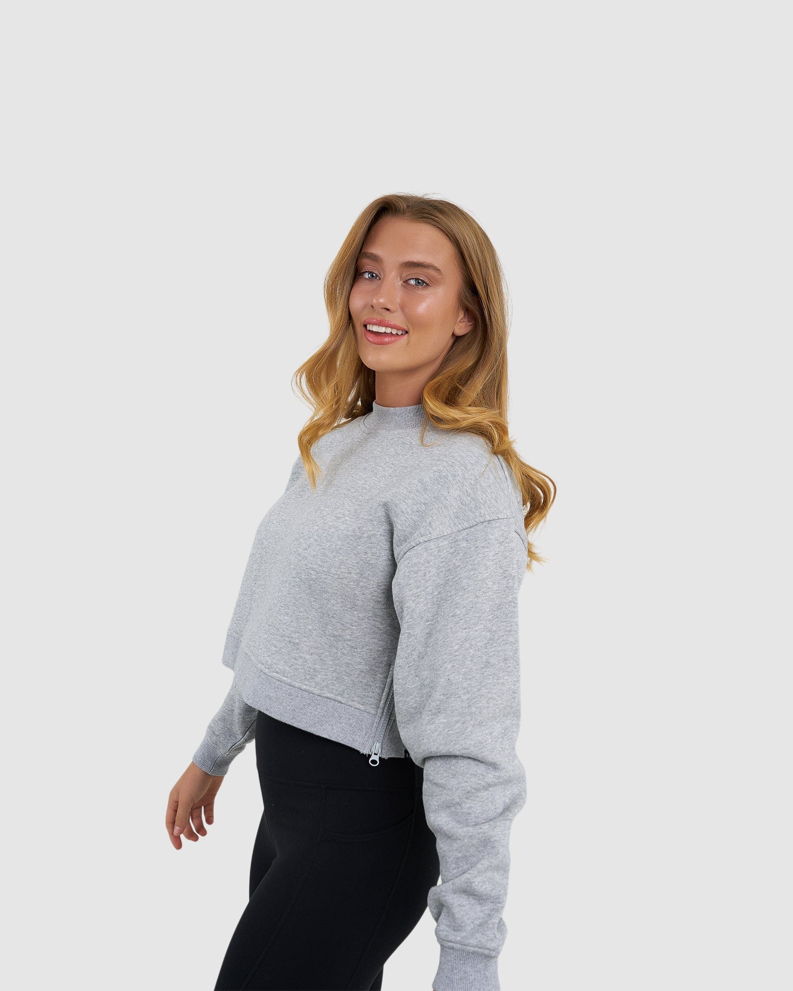 Model wearing Jamie Sweater - Lt Grey Marl