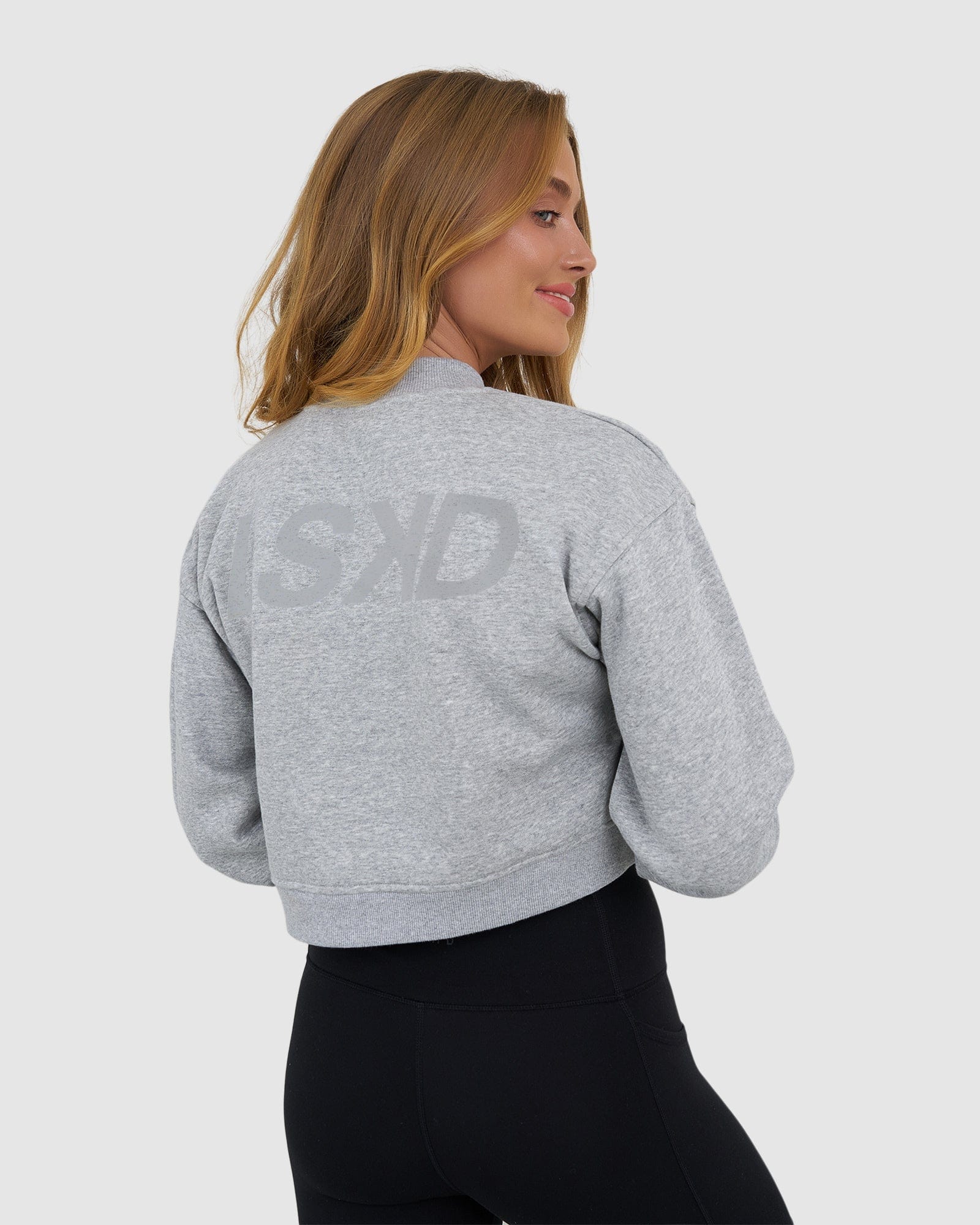 Model wearing Jamie Sweater - Lt Grey Marl