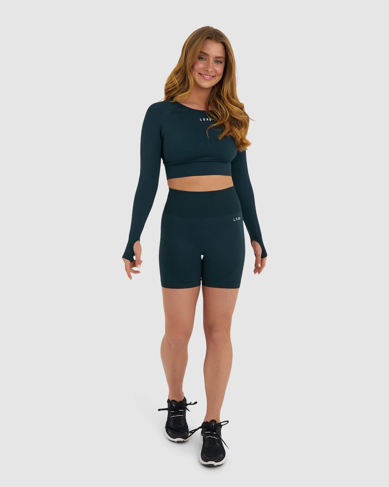 Model wearing Seamless LS Top - Deep Teal