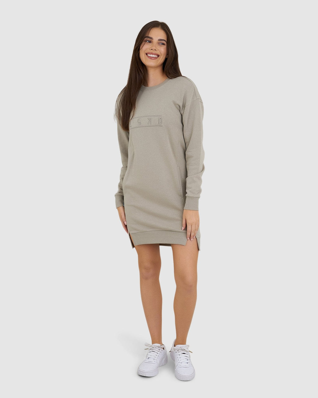 Model wearing Suspect Pullover Dress - Taupe