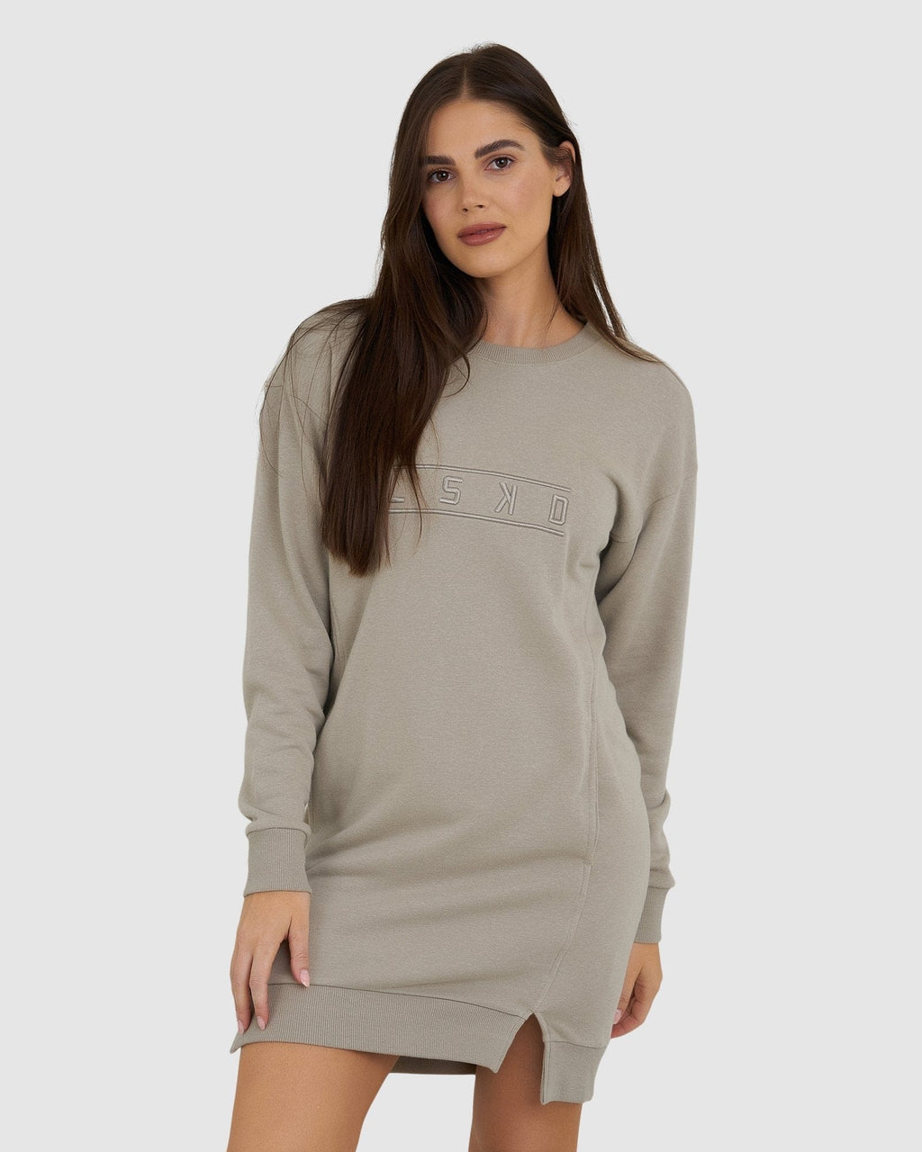 Model wearing Suspect Pullover Dress - Taupe