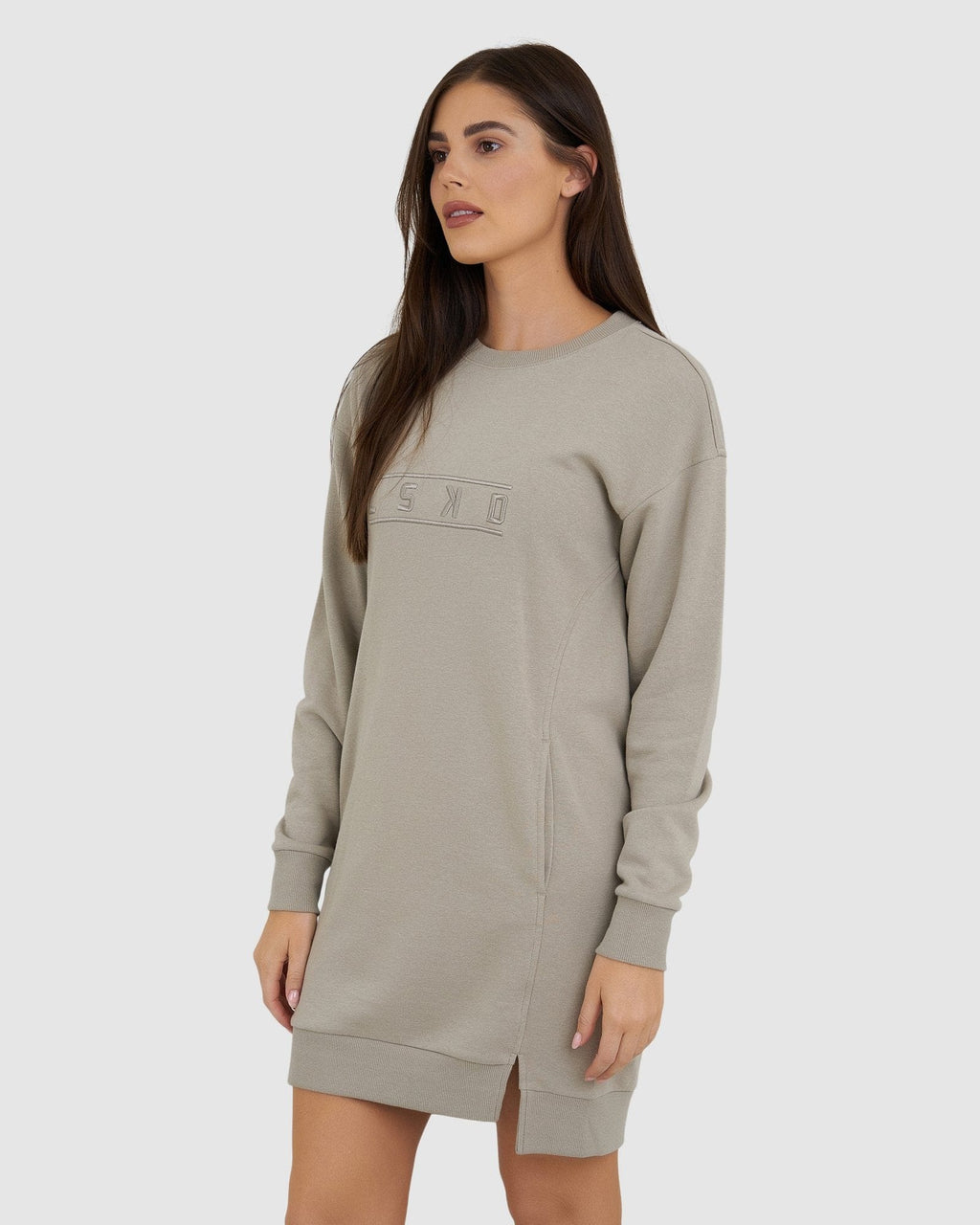 Model wearing Suspect Pullover Dress - Taupe