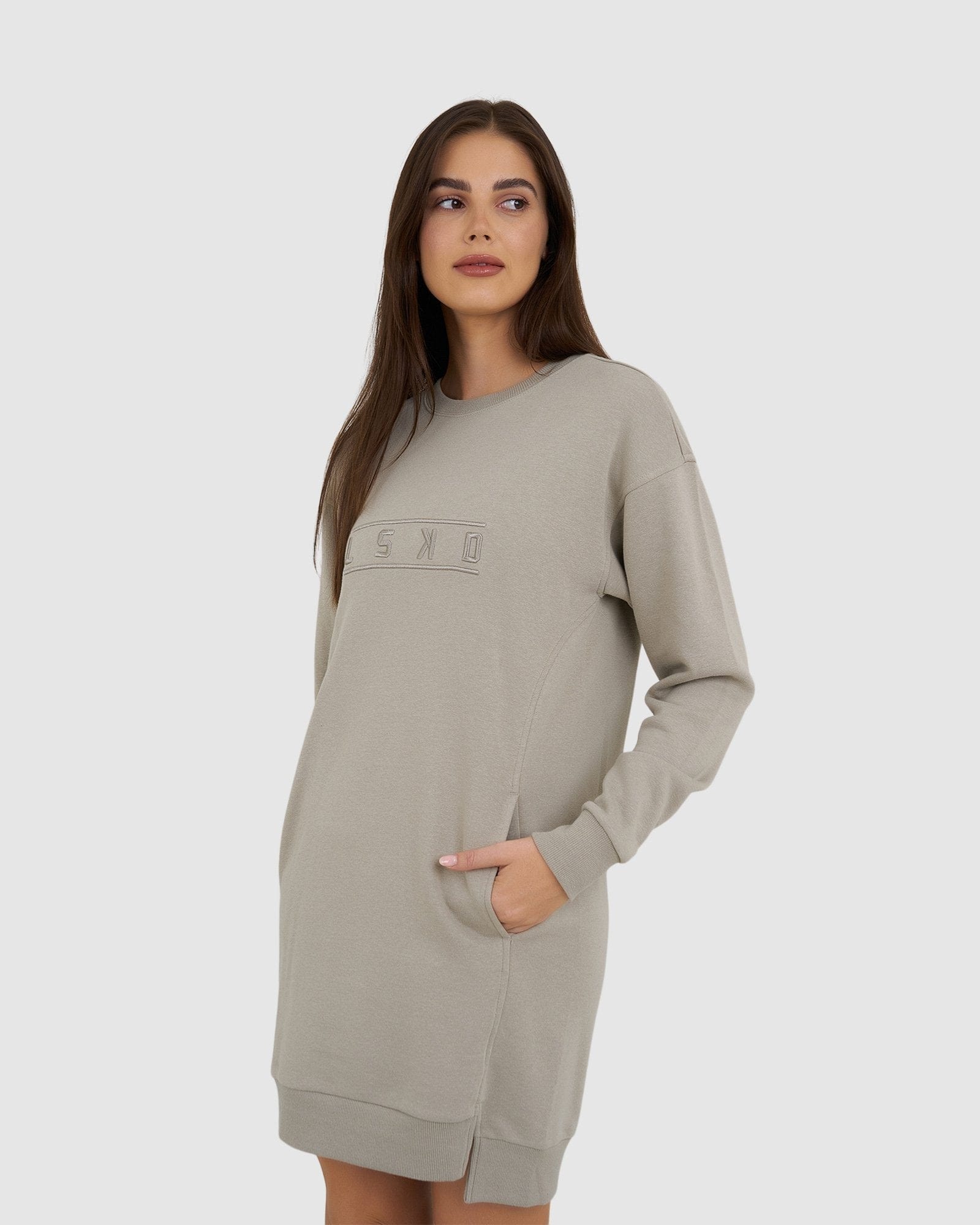 Model wearing Suspect Pullover Dress - Taupe