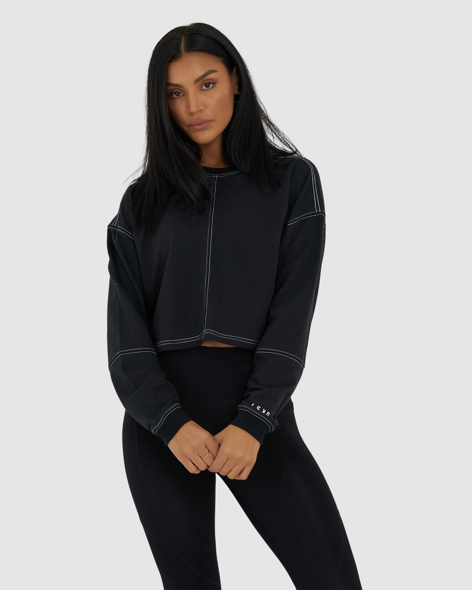 Model wearing Conflict LS Tee - Black-White