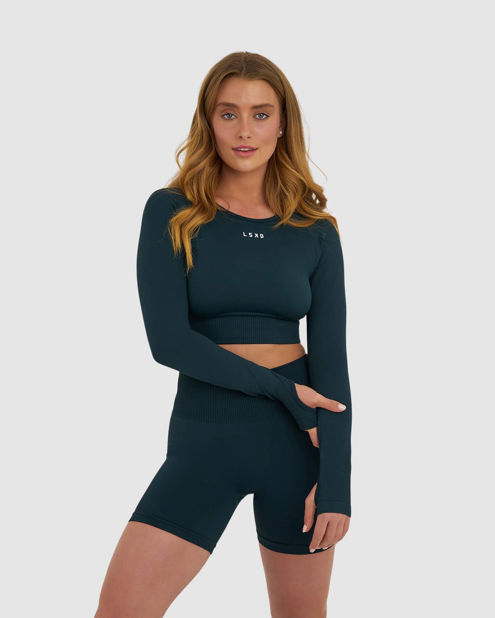 Model wearing Seamless LS Top - Deep Teal
