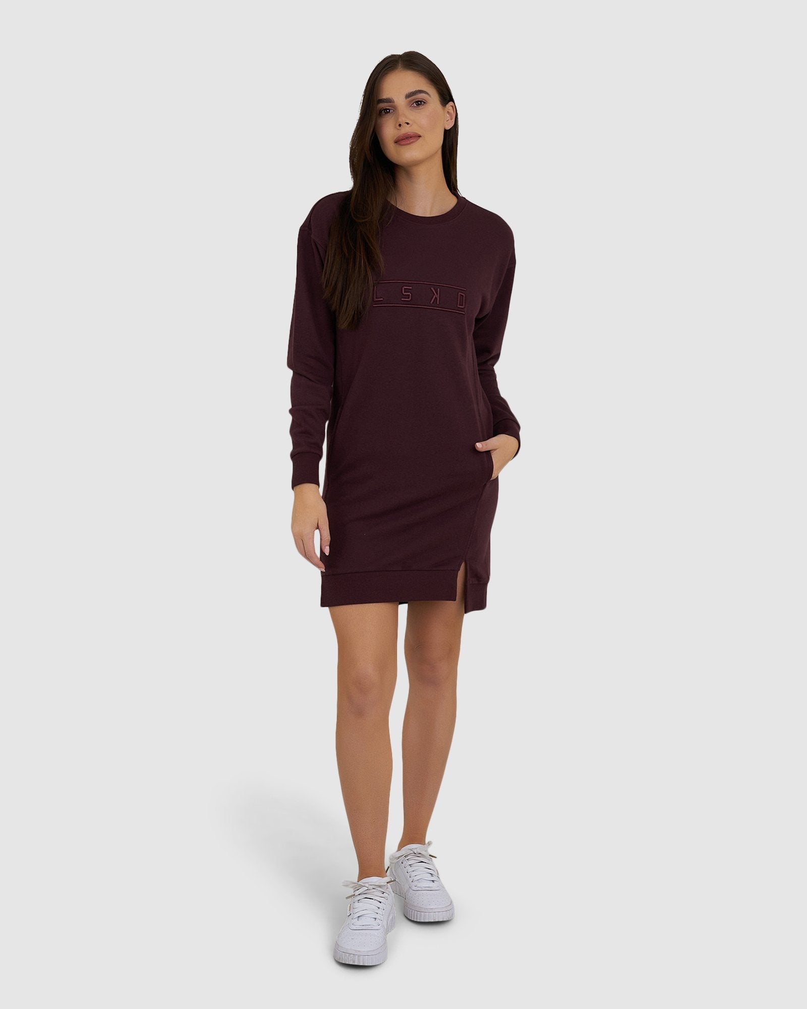 Model wearing Suspect Pullover Dress - Fudge