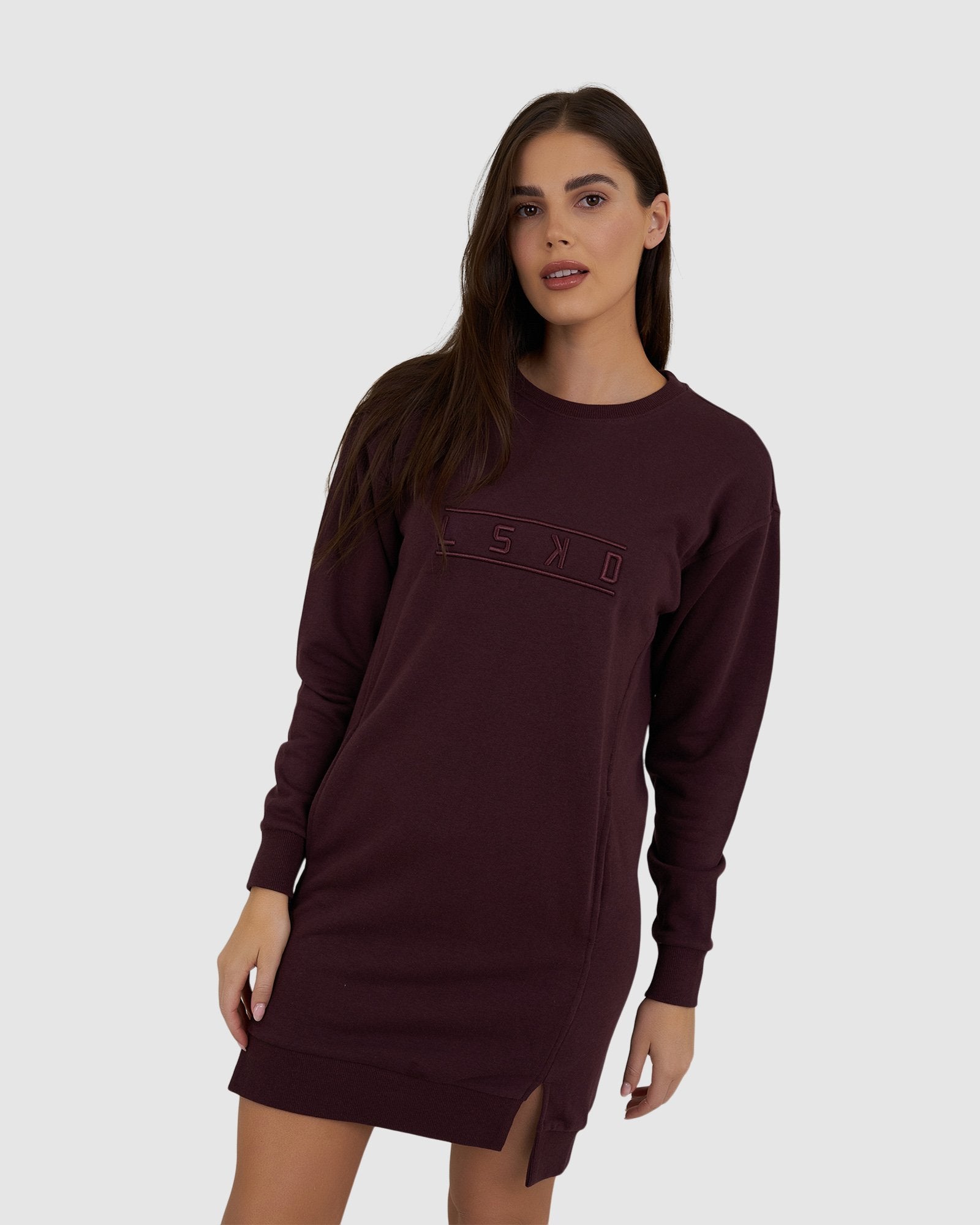 Model wearing Suspect Pullover Dress - Fudge